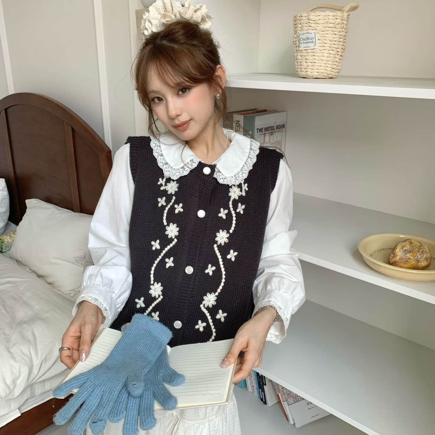 3 차원 자수 니트 조끼 여자 v 칼라 꽃무늬 자수 루즈핏 민소매 조끼 스택 착용 스웨터 어깨 가을 겨울 이미지 5