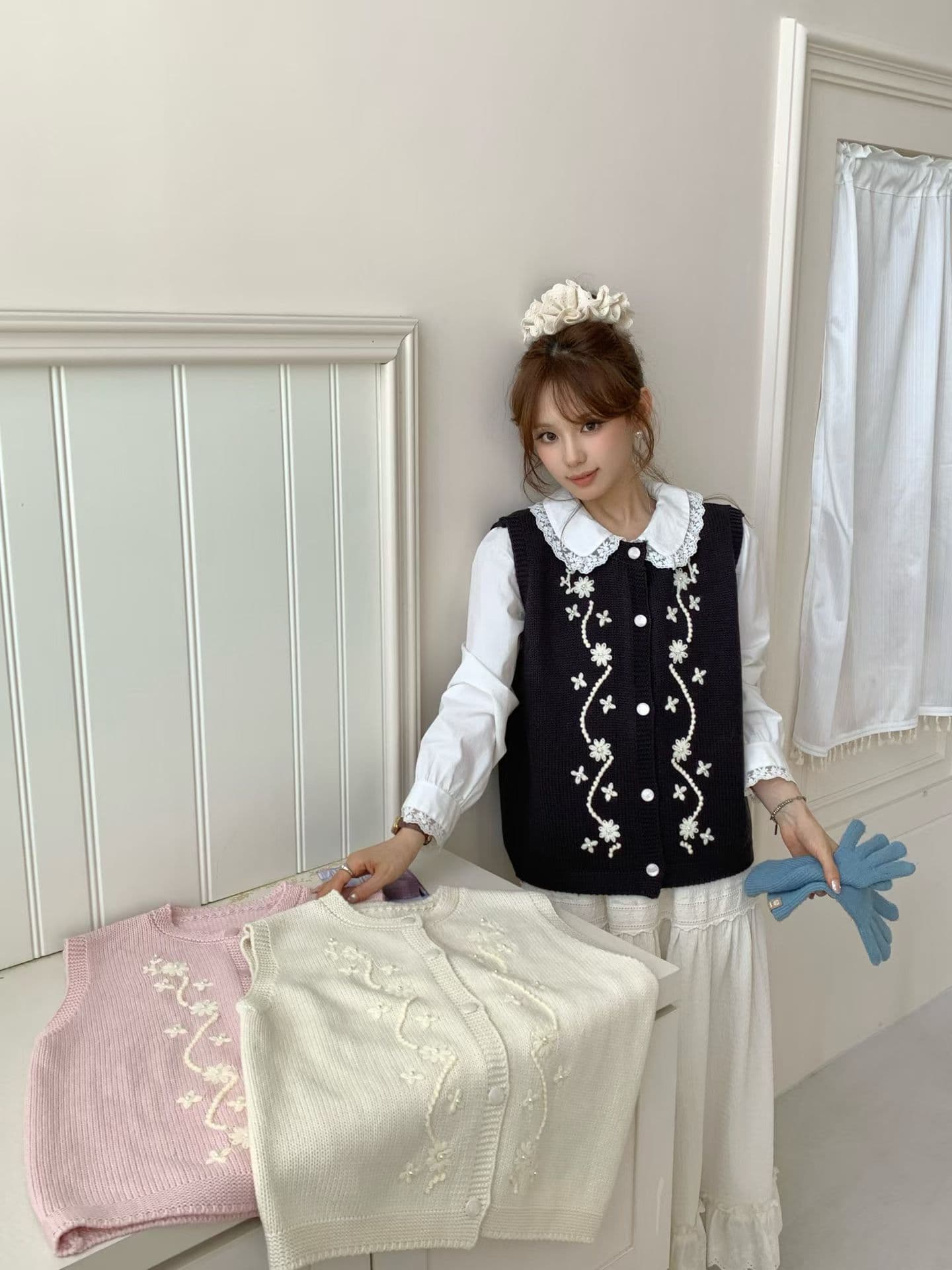3 차원 자수 니트 조끼 여자 v 칼라 꽃무늬 자수 루즈핏 민소매 조끼 스택 착용 스웨터 어깨 가을 겨울 상세 이미지 1