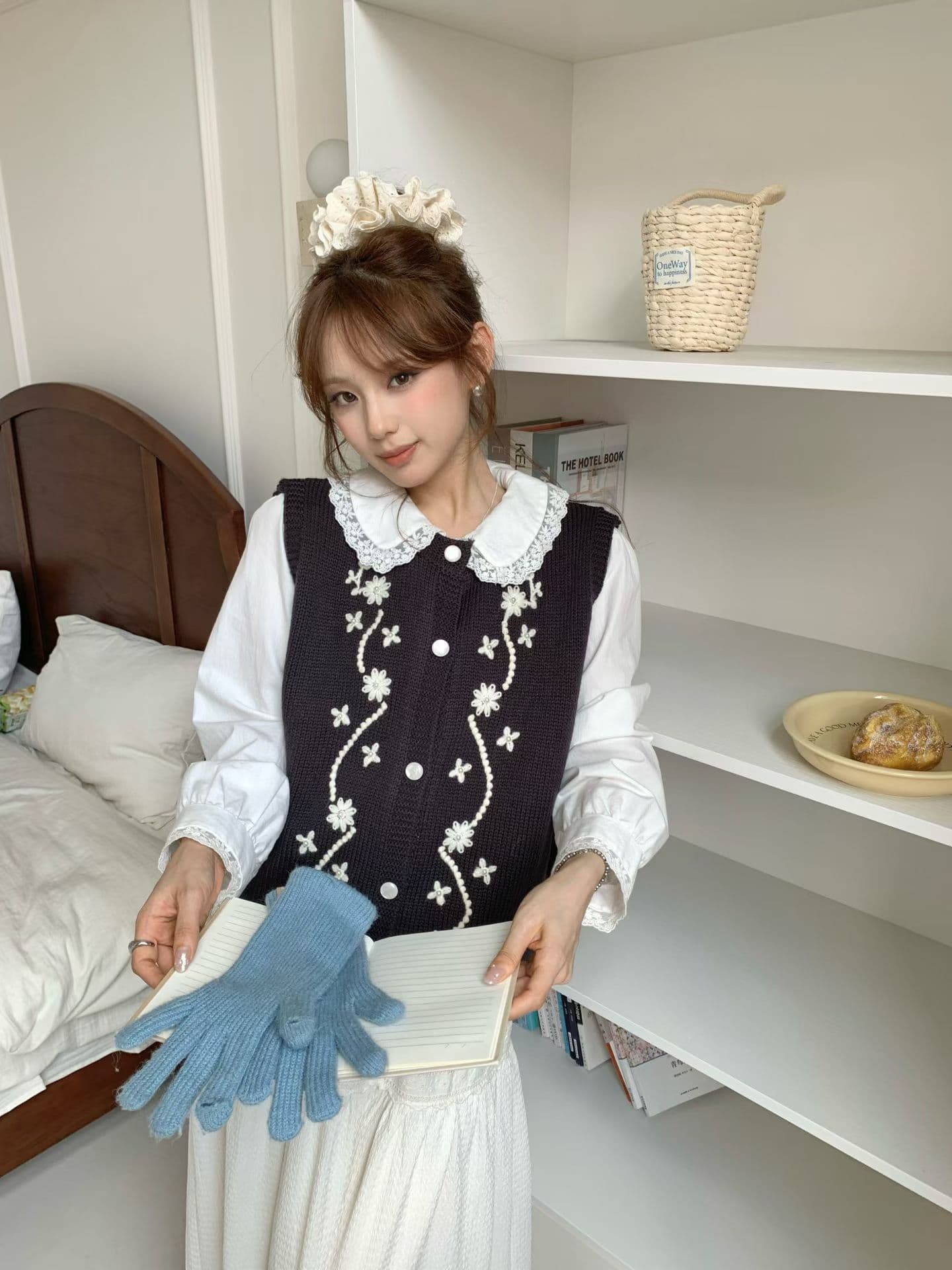 3 차원 자수 니트 조끼 여자 v 칼라 꽃무늬 자수 루즈핏 민소매 조끼 스택 착용 스웨터 어깨 가을 겨울 상세 이미지 3