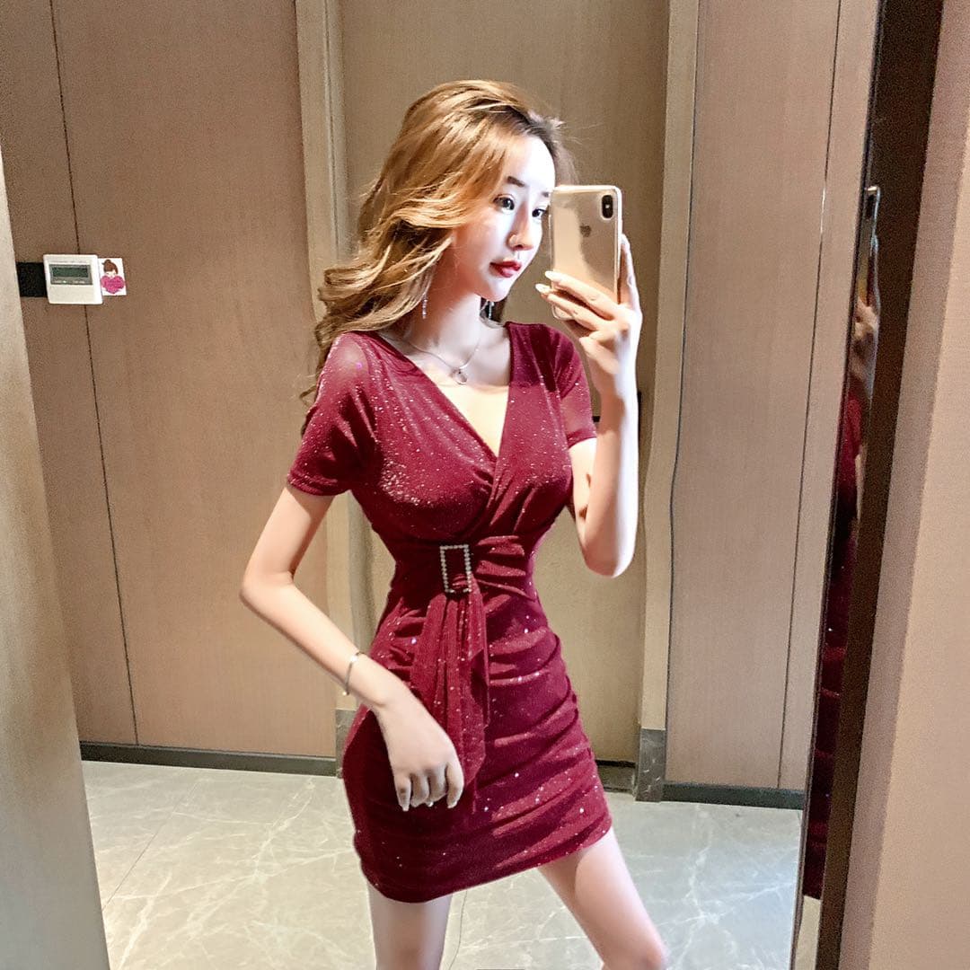 야간 필드 섹시함 V넥 낮은 가슴 반팔 여성 드레스 여름 품격 프릴 레이스업 슬림해 보이는 검정색 타이트 스커트 상세 이미지 1