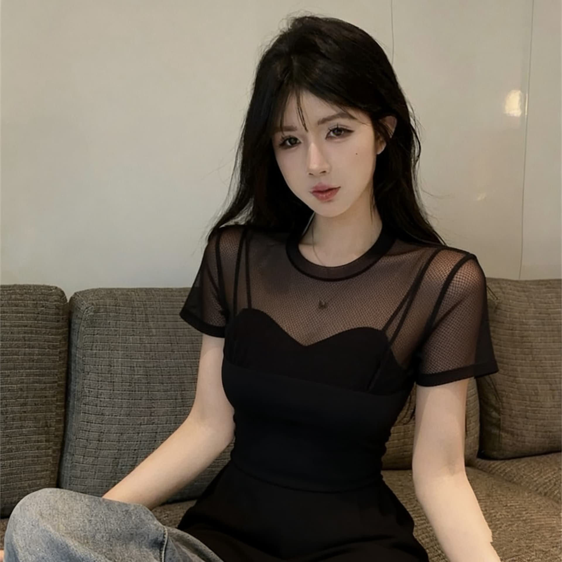 2026 년 여름 새로운 망사 패치워크 마이크로 ~을 통해 반팔 티셔츠 여성 작은 대중 순수한 욕망 핫걸 타이트 슬림해 보이는 맨위 상세 이미지 2