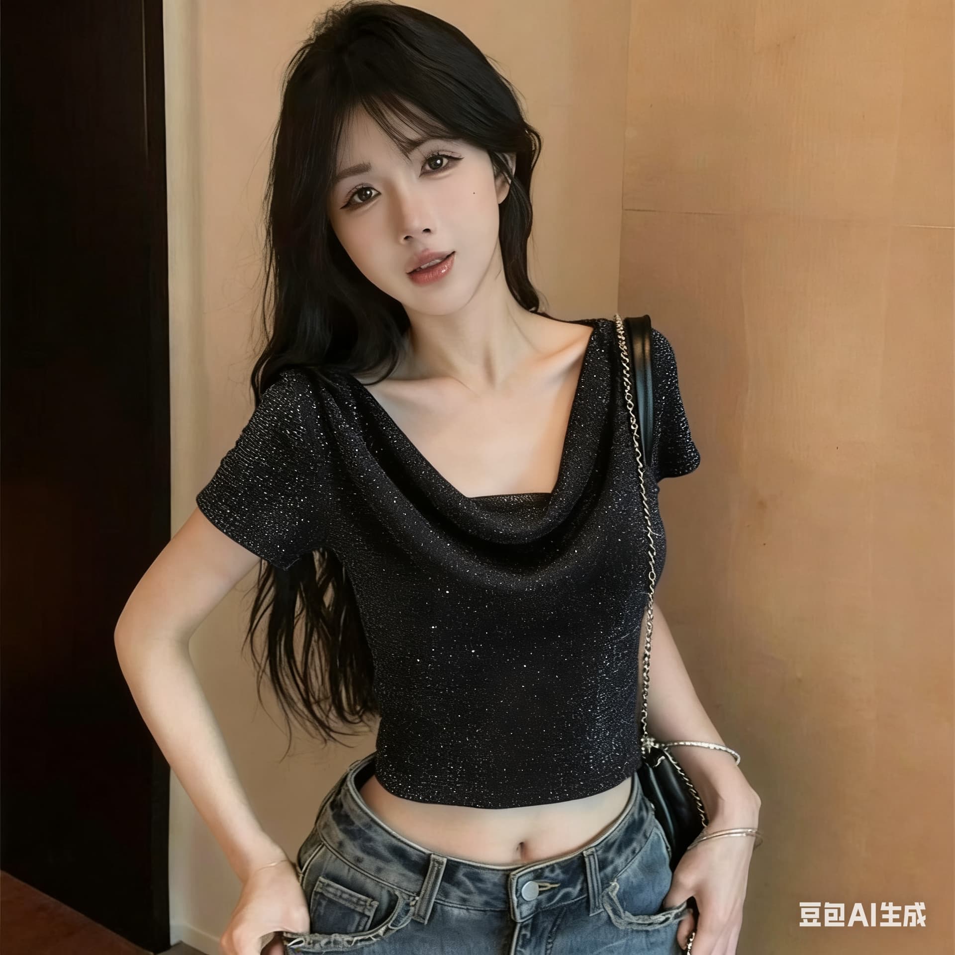 도파민 착용 가져 가라. 살구 색상 달콤함 반팔 흔들다 칼라 얇은 티셔츠 여성 여름 차가운 센스 얼음 실크 망사 보트넥 맨위 상세 이미지 2