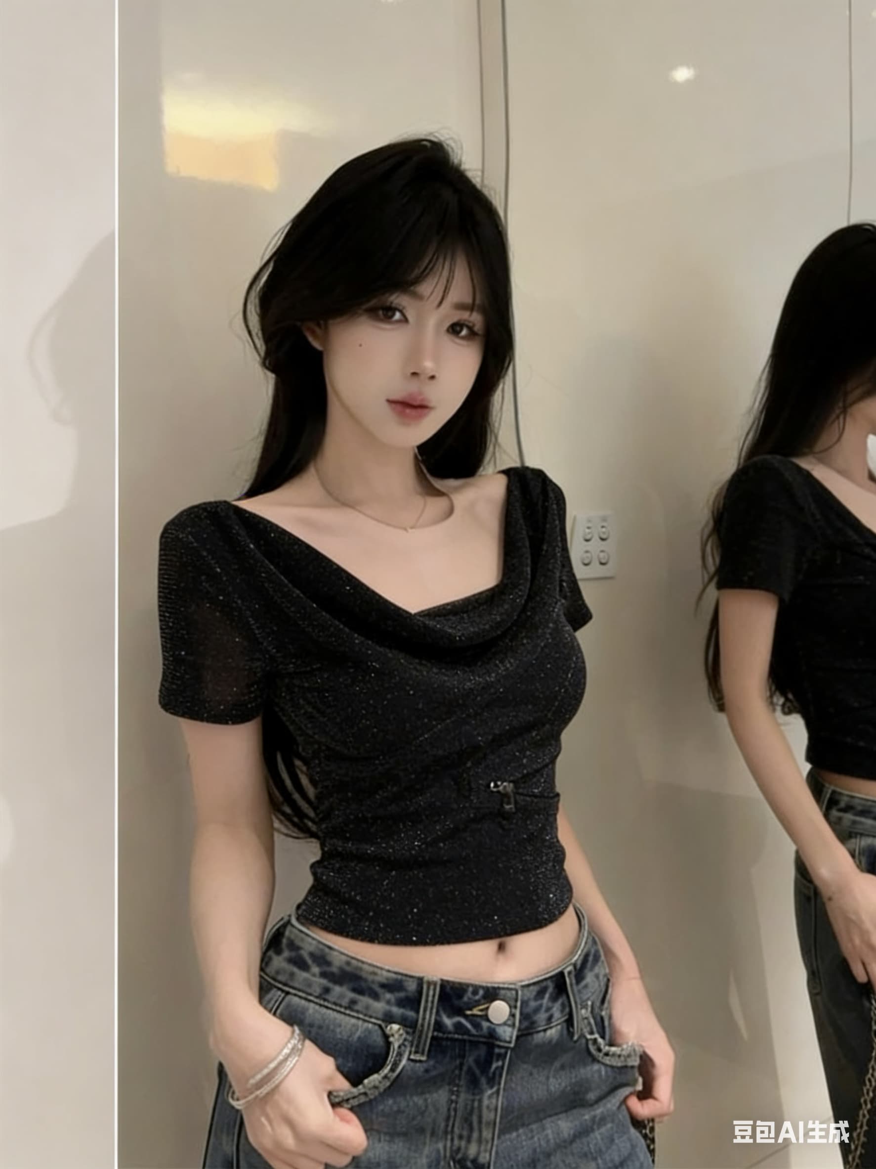 도파민 착용 가져 가라. 살구 색상 달콤함 반팔 흔들다 칼라 얇은 티셔츠 여성 여름 차가운 센스 얼음 실크 망사 보트넥 맨위 상세 이미지 3