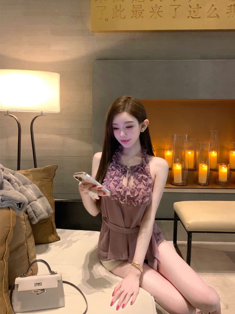 nalysa 섹시함 순수한 욕망 바람 보라색 행침 목 맨위 여성 여름 디스플레이 화이트 허리 수축 민소매 조끼 비싼 가스 천 골드 센스 이미지 2