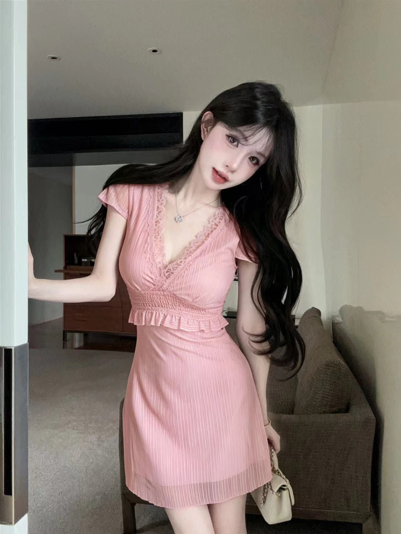 밤 본사 드레스 여성 의류 섹시함 V넥 슬림해 보이는 낮은 가슴 백리스 여름 사우나 야간 필드 출근 옷 미니 스커트 상세 이미지 5
