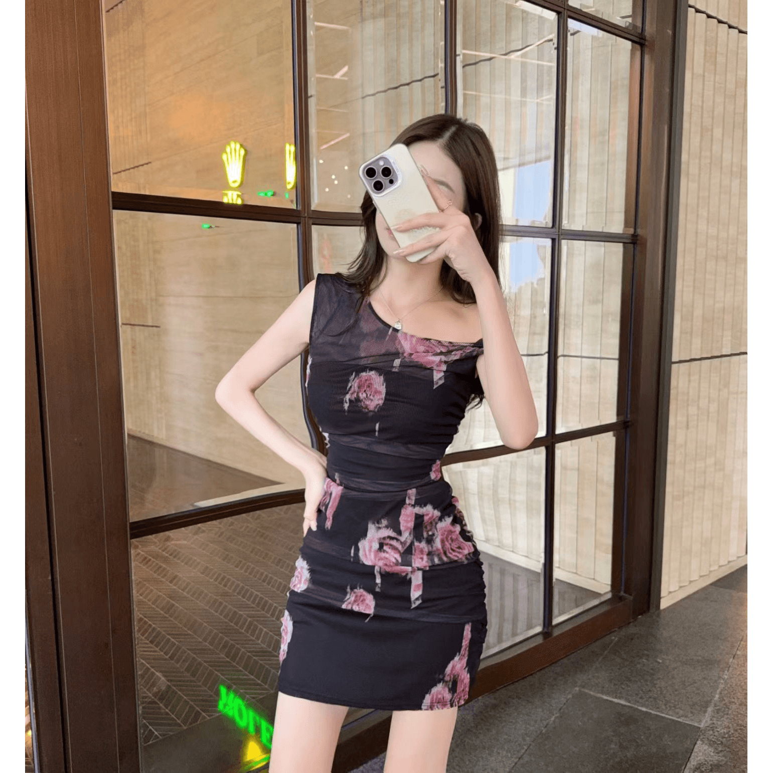 아메리칸 핫걸 초상화 프린트 꽃무늬 비스듬한 어깨 여성 드레스 여름 작은 키 몸매 가꾸기 슬림해 보이는 타이트 스커트 짧은 치마 이미지 6