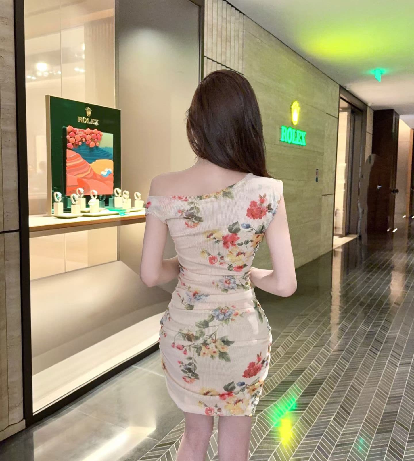 아메리칸 핫걸 초상화 프린트 꽃무늬 비스듬한 어깨 여성 드레스 여름 작은 키 몸매 가꾸기 슬림해 보이는 타이트 스커트 짧은 치마 상세 이미지 2