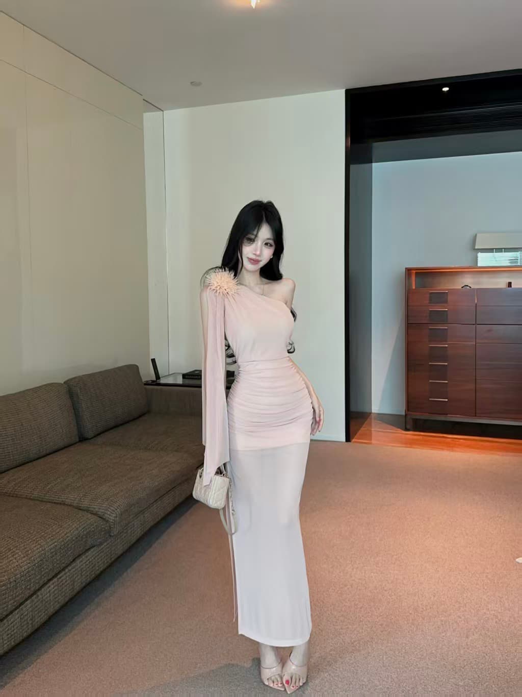 태국 작은 대중 비스듬한 리더쉽 오프숄더 몸매 가꾸기 슬림해 보이는 길다 슬립 드레스 행침 목 레이스업 튜브탑 꽃 휴가 드레스 상세 이미지 1