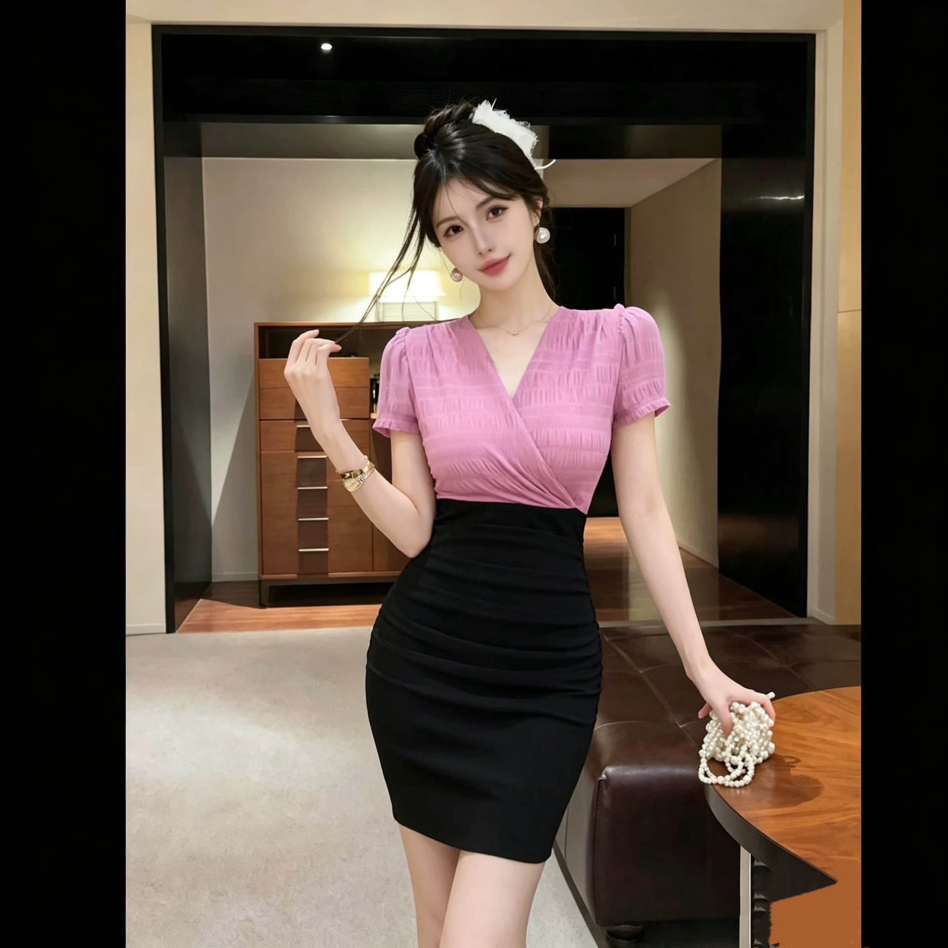 여름 섹시함 V넥 반팔 장미 분말 망사 패치워크 순수한 욕망 바람 치마 핫걸 몸매 가꾸기 타이트 스커트 드레스 짧은 여성 이미지 3