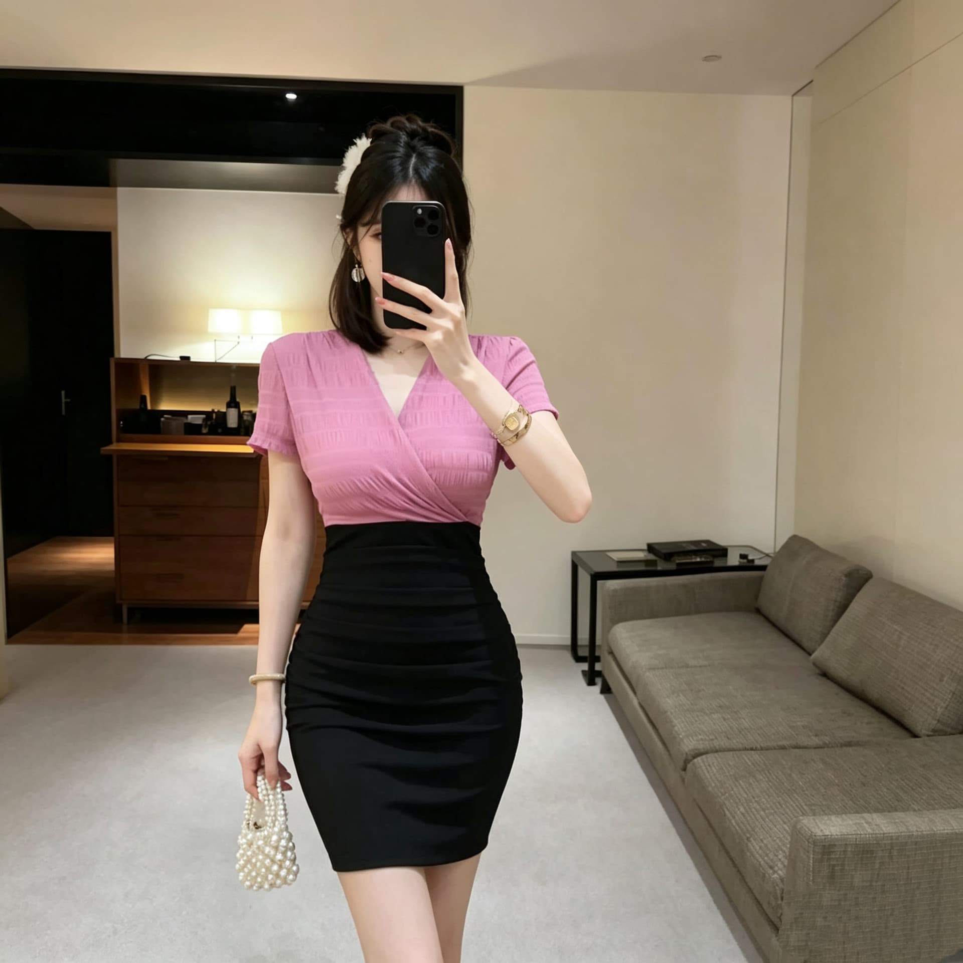 여름 섹시함 V넥 반팔 장미 분말 망사 패치워크 순수한 욕망 바람 치마 핫걸 몸매 가꾸기 타이트 스커트 드레스 짧은 여성 이미지 4