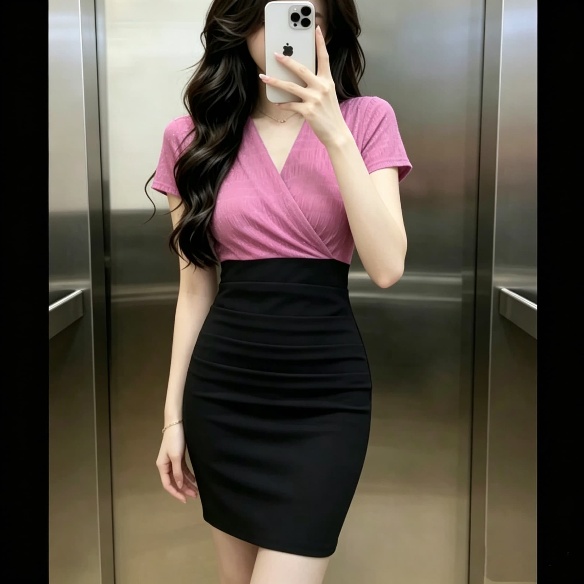 여름 섹시함 V넥 반팔 장미 분말 망사 패치워크 순수한 욕망 바람 치마 핫걸 몸매 가꾸기 타이트 스커트 드레스 짧은 여성 상세 이미지 2