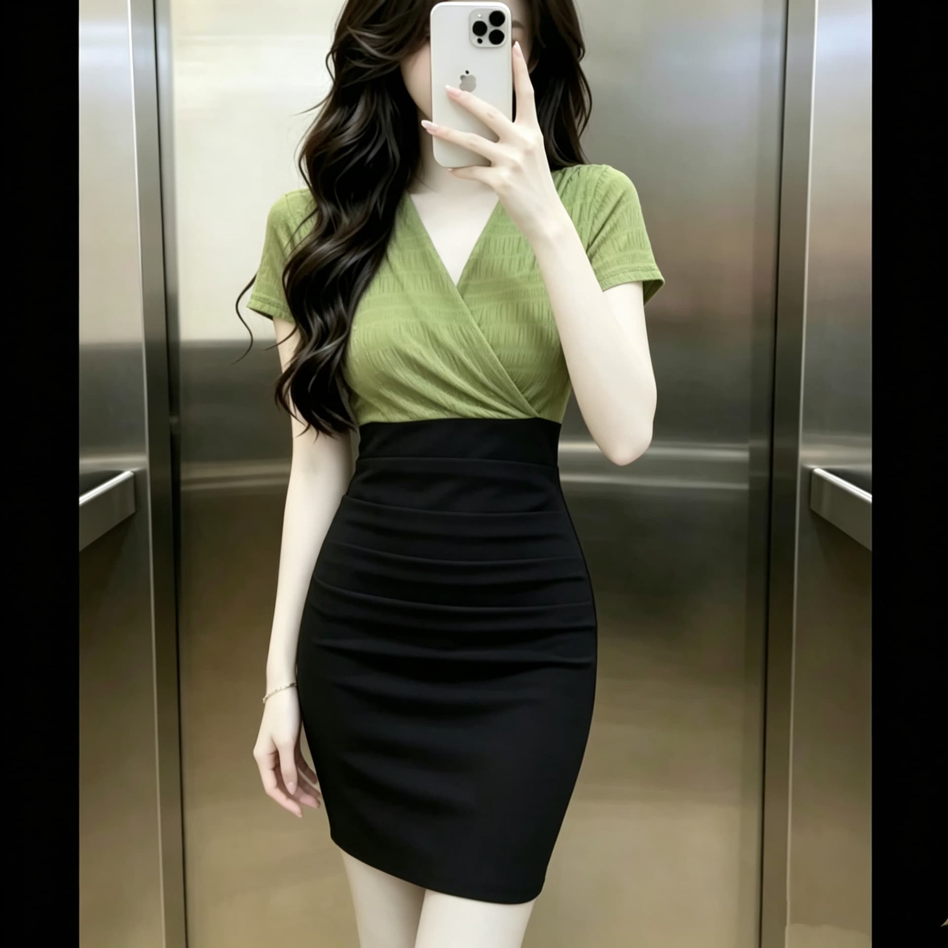 여름 섹시함 V넥 반팔 녹색 망사 패치워크 순수한 욕망 바람 치마 핫걸 몸매 가꾸기 타이트 스커트 드레스 짧은 여성 상세 이미지 2