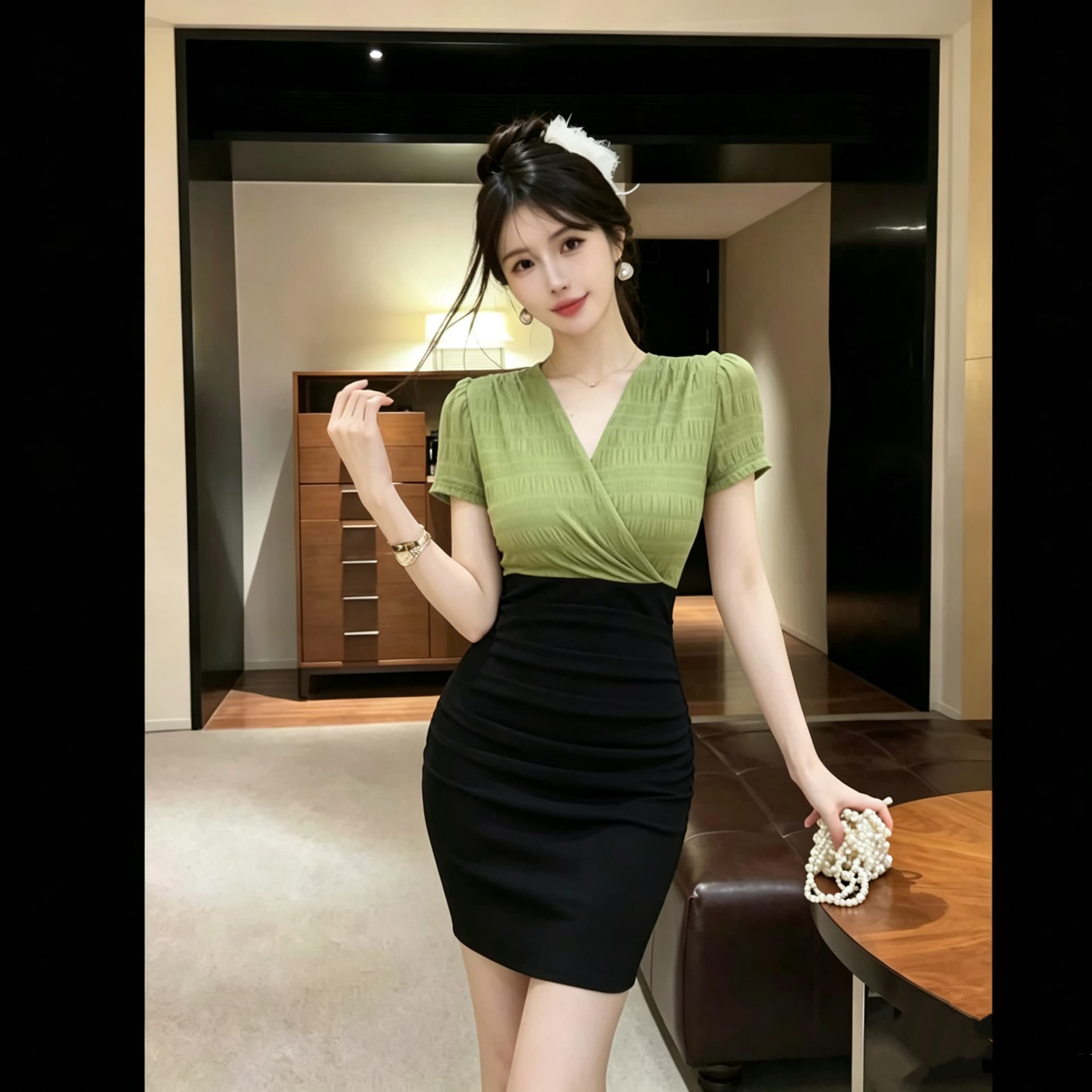 여름 섹시함 V넥 반팔 녹색 망사 패치워크 순수한 욕망 바람 치마 핫걸 몸매 가꾸기 타이트 스커트 드레스 짧은 여성 상세 이미지 3