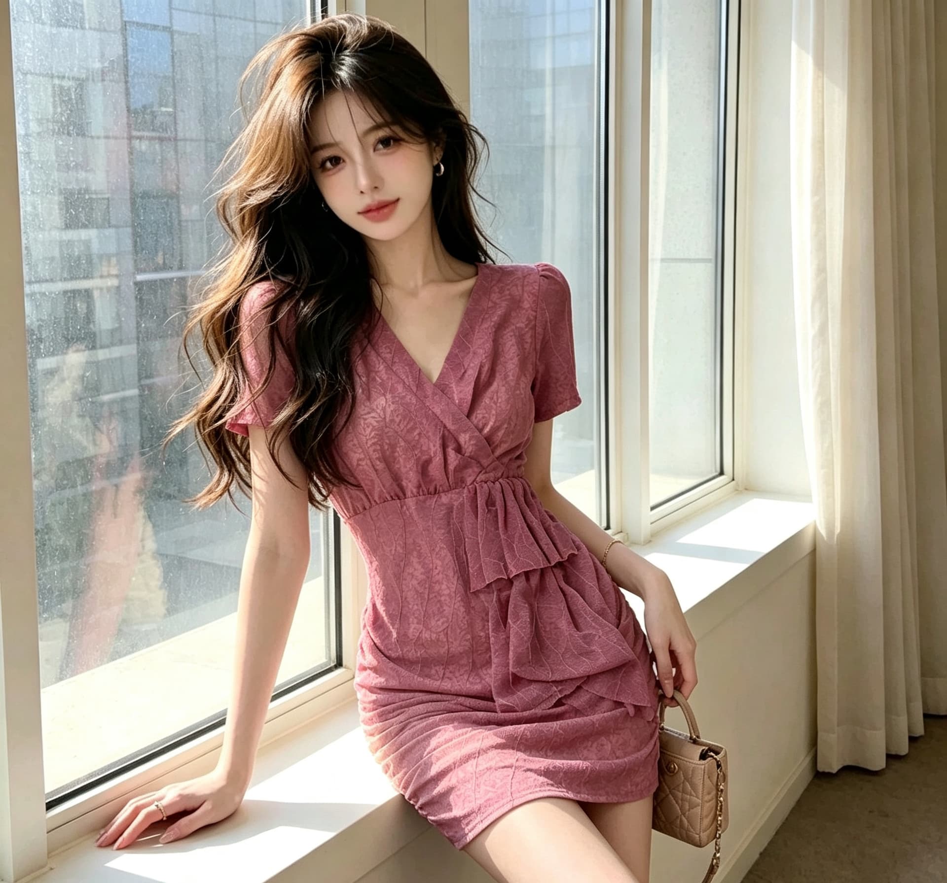 핑크색 질감 드레스 여름 새로운 V넥 반팔 허리 수축 표지 배 디자인 센스 부드러운 품격 표지 고기 상세 이미지 1