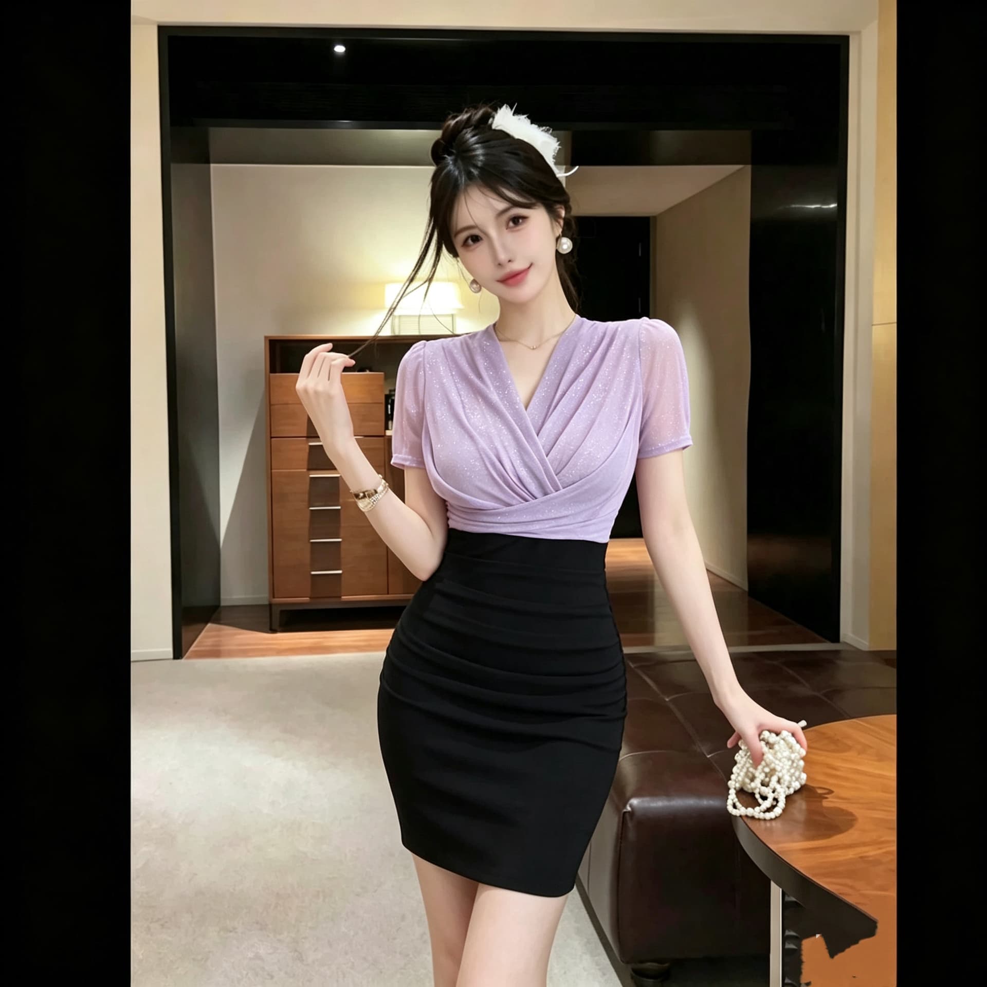 섹시함 V넥 반팔 배색 타이트 스커트 여성 여름 2026 새로운 주름 허리 수축 몸매 가꾸기 순수한 욕망 드레스 이미지 3