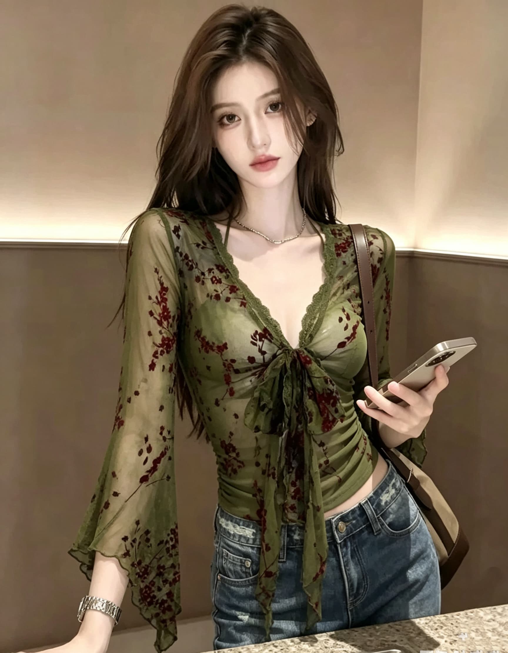 녹색 프린트 V넥 스트랩 망사 오픈 가디건 여성 여름 자외선 차단 긴팔 디자인 센스 작은 대중 휴가 바람 맨위