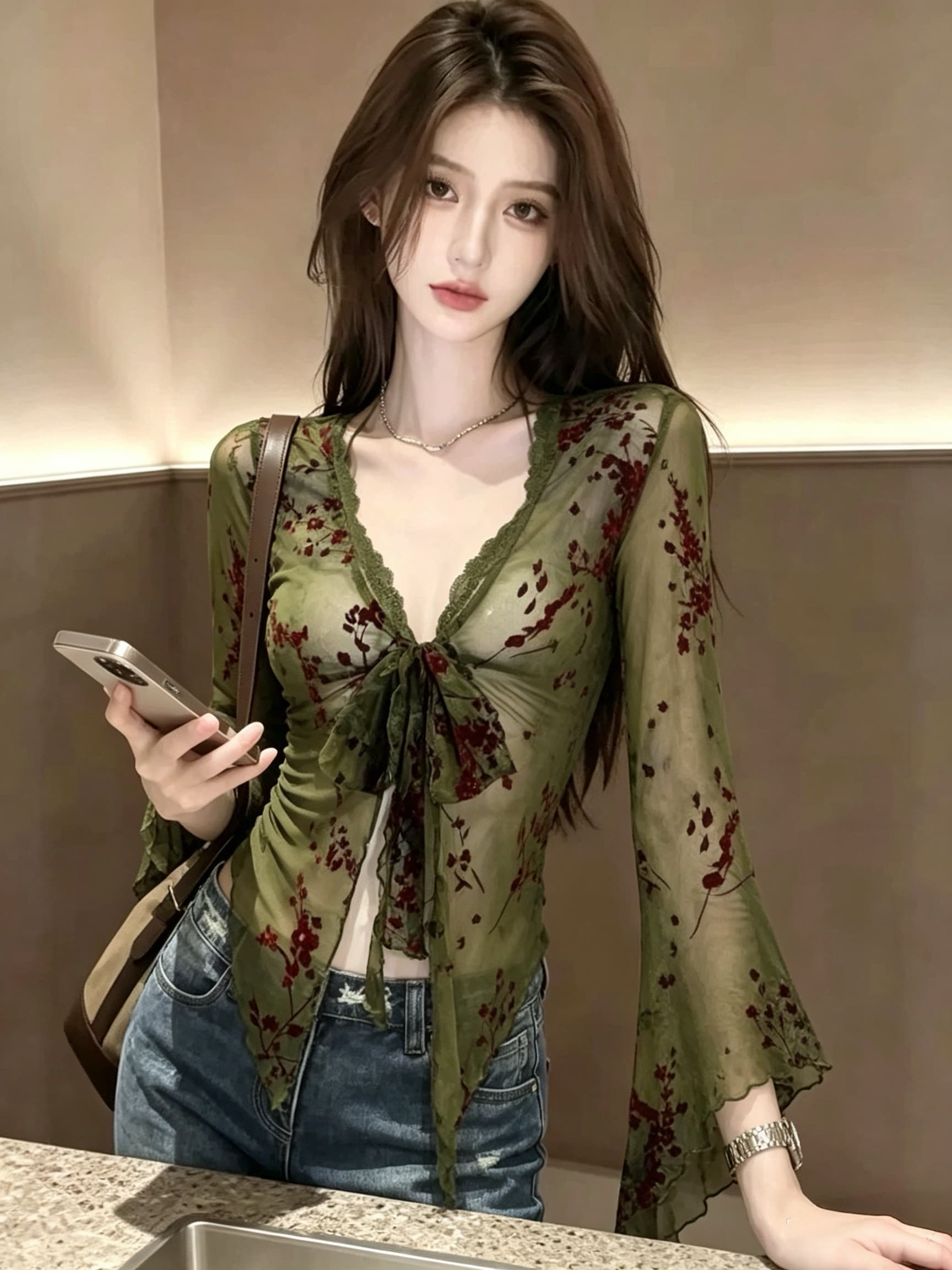 녹색 프린트 V넥 스트랩 망사 오픈 가디건 여성 여름 자외선 차단 긴팔 디자인 센스 작은 대중 휴가 바람 맨위 상세 이미지 2
