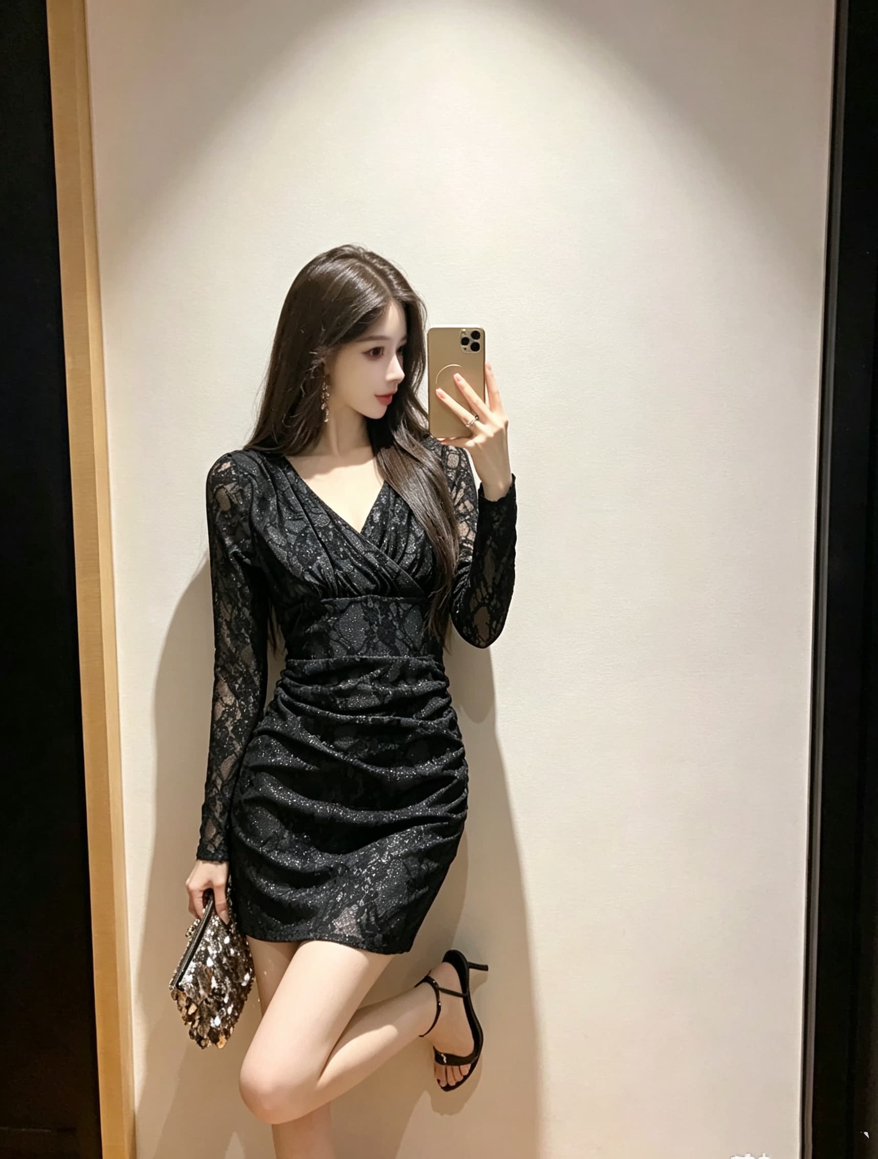 핫걸 긴팔 순수한 욕망 바람 레이스 몸매 가꾸기 여성 드레스 봄 새로운 허리 수축 품격 치마 타이트 타이트 스커트 미니 스커트 상세 이미지 1