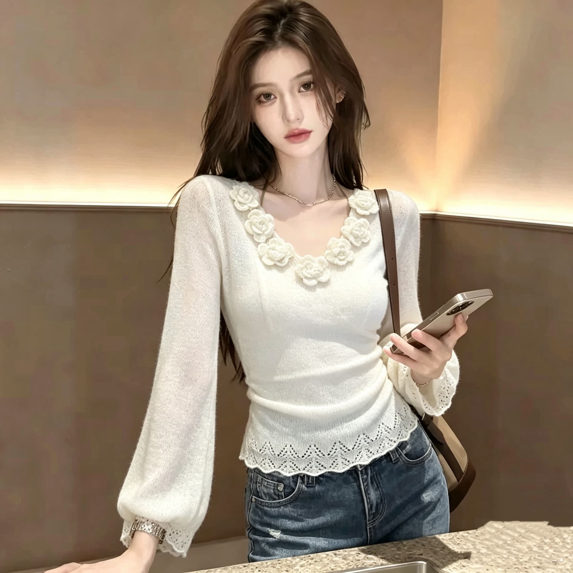 프랑스식 3 차원 꽃 고급 센스 니트 스웨터 여성 2026 가을 겨울 새로운 외국 가스 나팔 소매 홀로우 아웃 V넥 맨위 상세 이미지 1