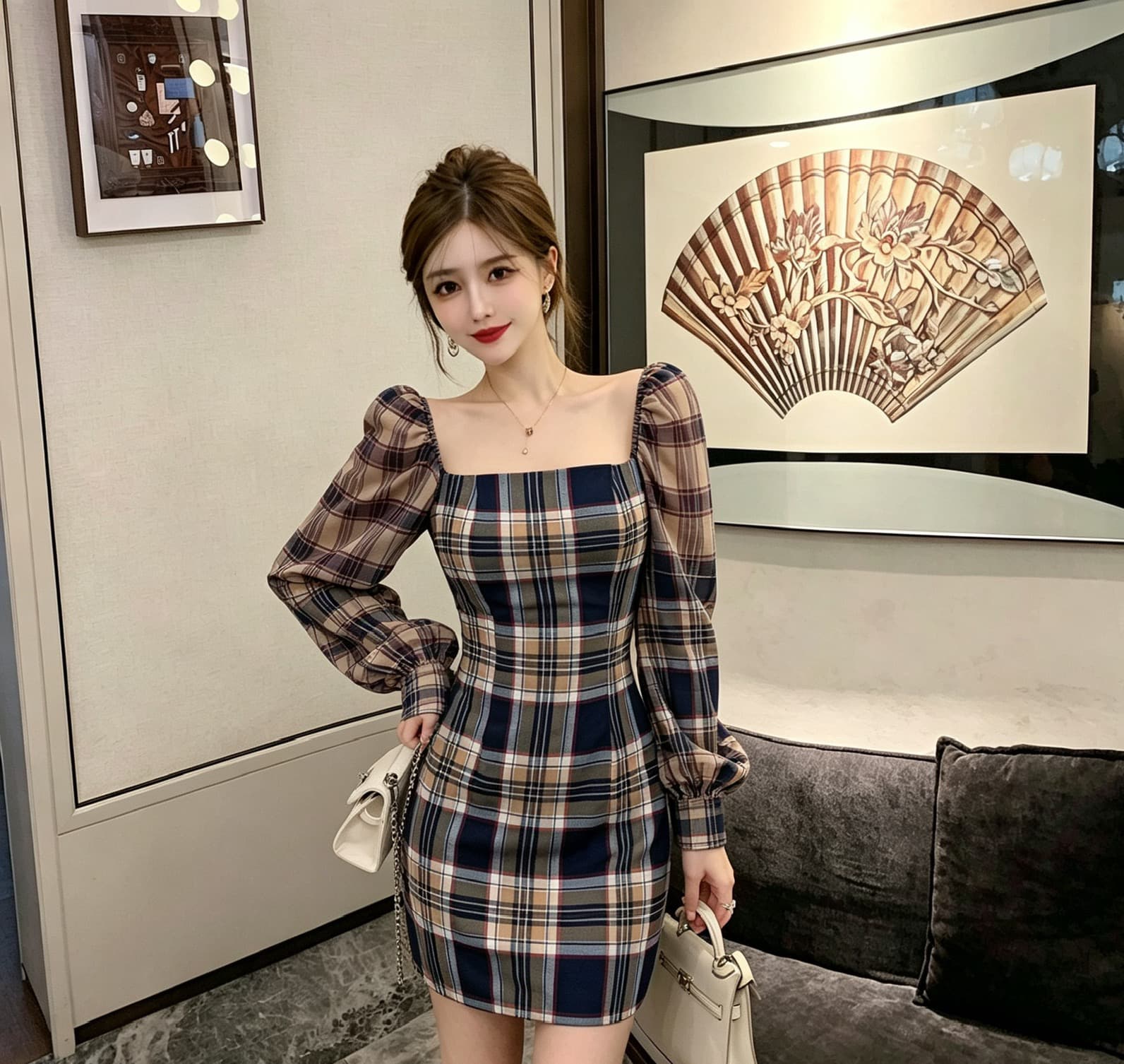 프랑스식 봄 레트로 허리 수축 2026 광장 칼라 체크무늬 긴팔 새로운 드레스 품격 슬림해 보이는 선적