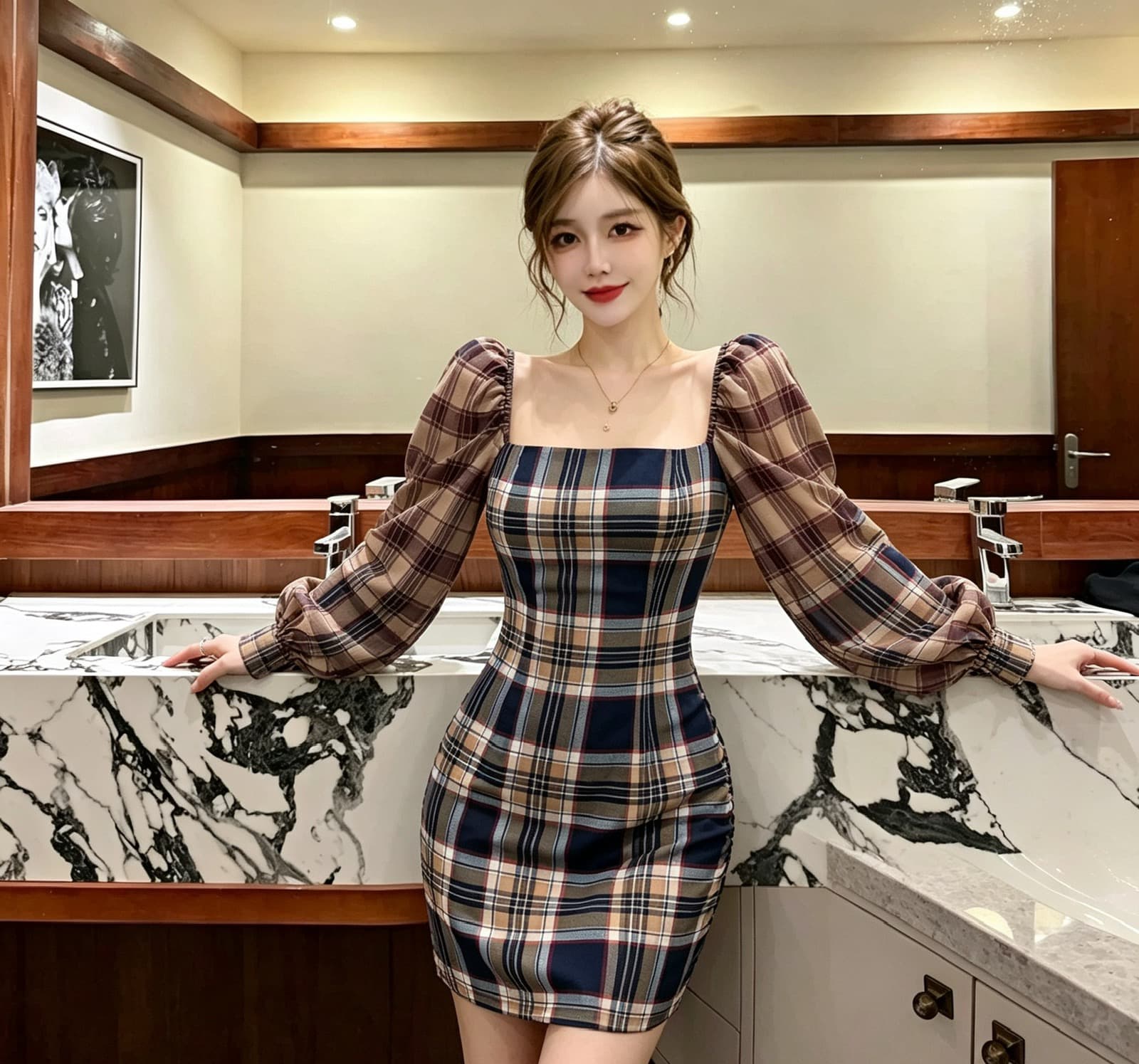 프랑스식 봄 레트로 허리 수축 2026 광장 칼라 체크무늬 긴팔 새로운 드레스 품격 슬림해 보이는 선적 상세 이미지 1