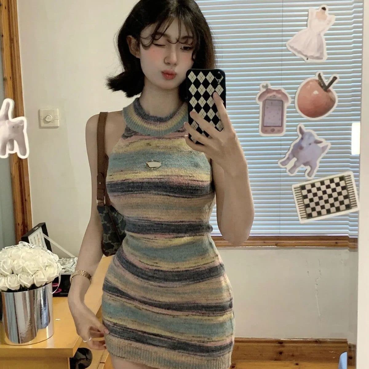 핫걸 레트로 스트라이프 니트 행침 목 여성 드레스 여름 민소매 발굴하다 어깨 치마 허리 수축 슬림해 보이는 타이트 스커트 미니 스커트 이미지 2