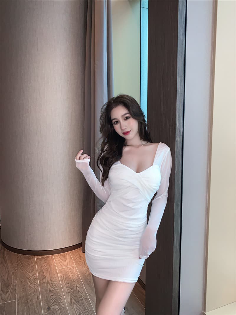 나이트 클럽 품격 섹시함 낮은 가슴 드레스 핫걸 망사 기술자 긴팔 슬림해 보이는 작업복 타이트 미니 스커트 새로운 상세 이미지 5