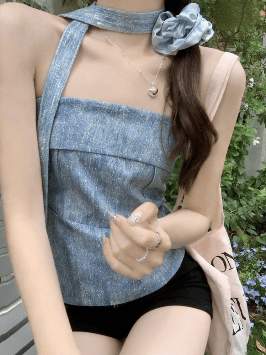 실사 여름 레트로 워싱 핫픽스 데님 행침 목 리본 튜브탑 여성 새로운 허리 수축 쇼트 스타일 요추 배 맨위 이미지 3