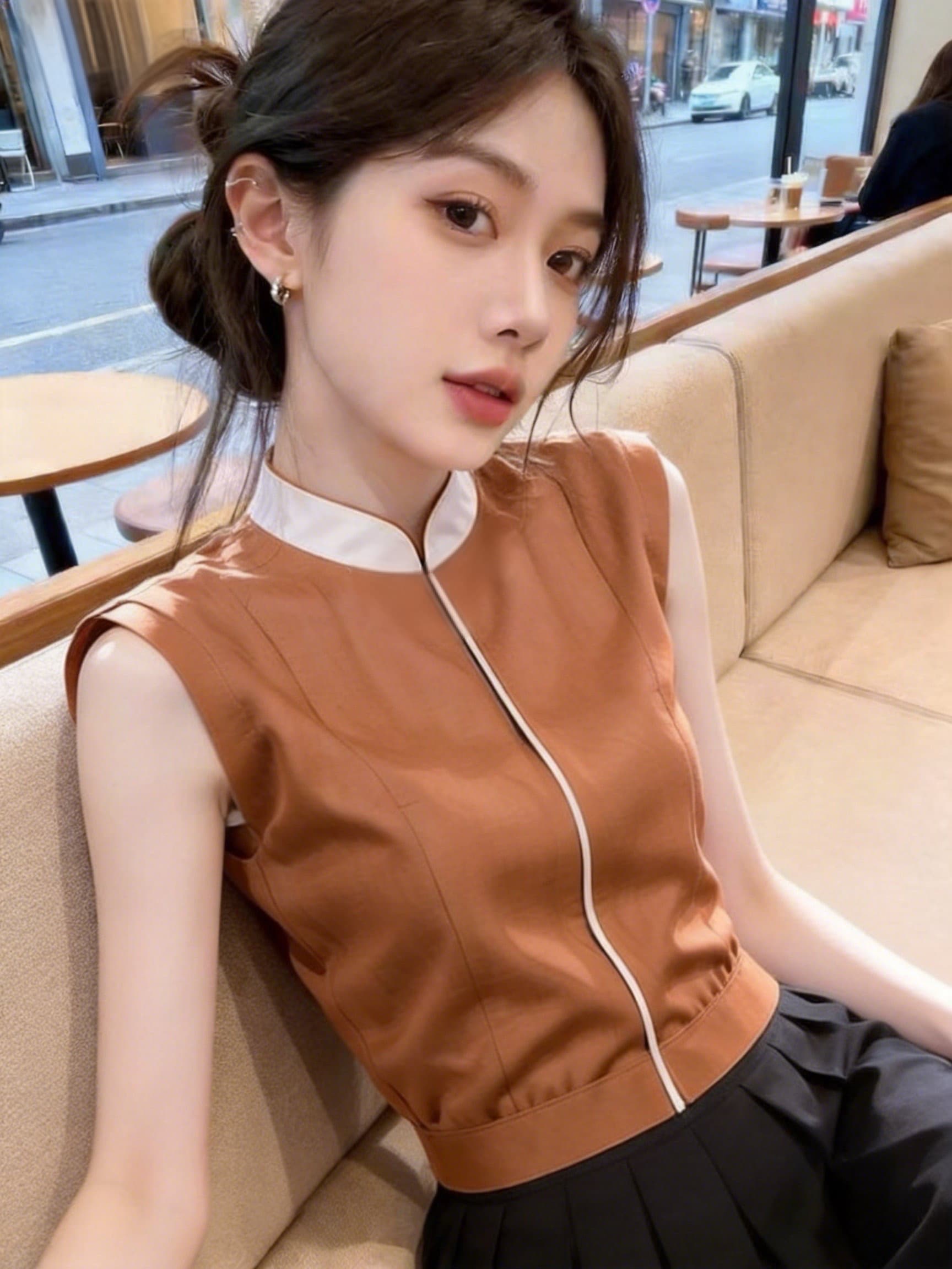 실사 새로운 중식 배색 스탠드 칼라 민소매 셔츠 캐러멜 브라운 디스플레이 화이트 유물 작은 키 주간 접시 이미지 2