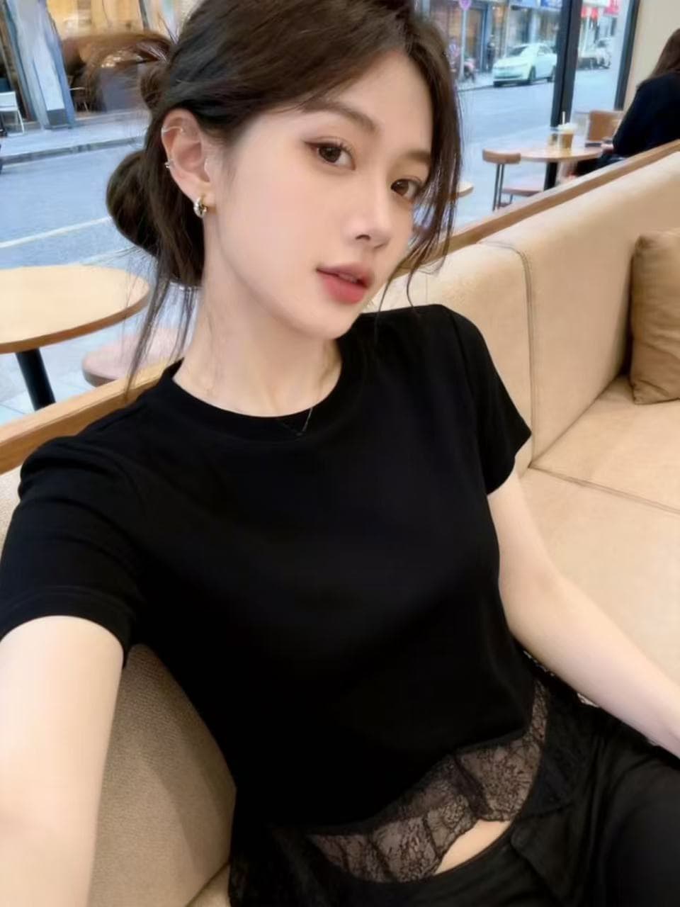 실사 작은 키 핫걸 불규칙 반팔 티셔츠 여성 고유 한 아름다운 슬림해 보이는 맨위 고급 디자인 센스 작은 대중 이미지 3