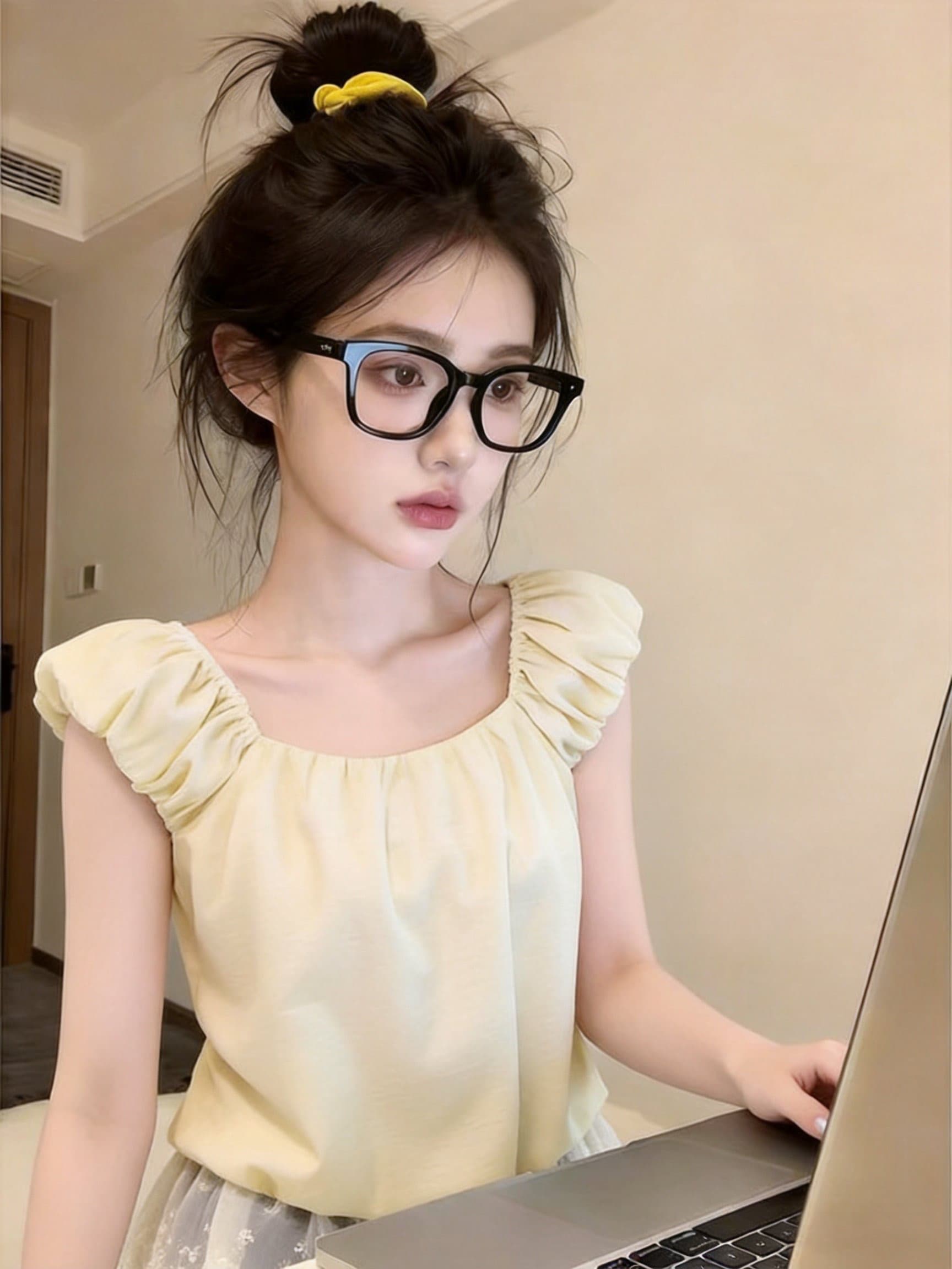 실사 디자인 센스 밑단 레이스 조각 캐미솔 달콤함 연령 감소 날다 소매 맨위 상세 이미지 2