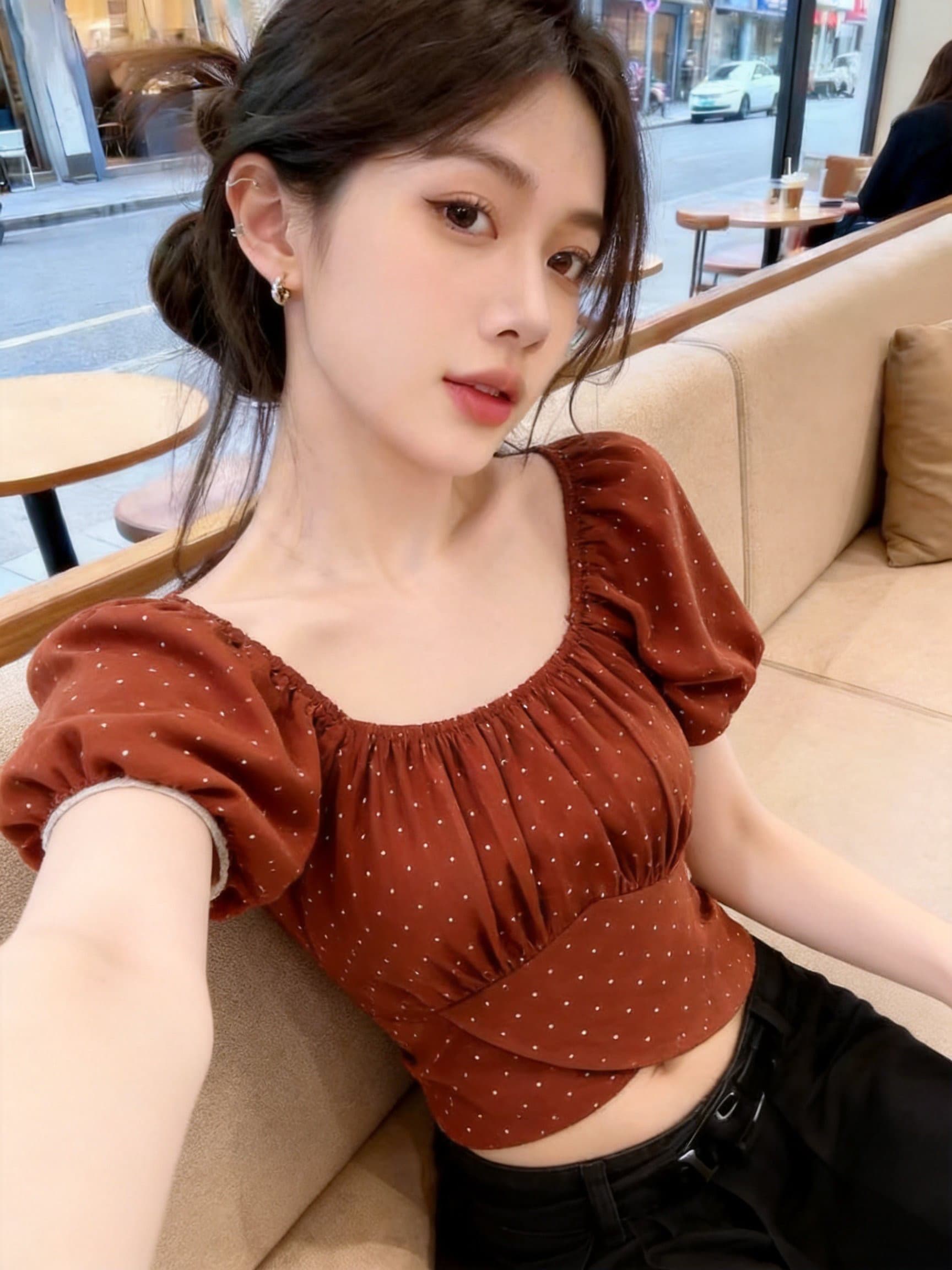 실사 쇼트 스타일 거품 소매 도트 무늬 맨위 여성 여름 프랑스식 사소한 인형 셔츠 작은 키 나비 매듭 반팔 셔츠 상세 이미지 3