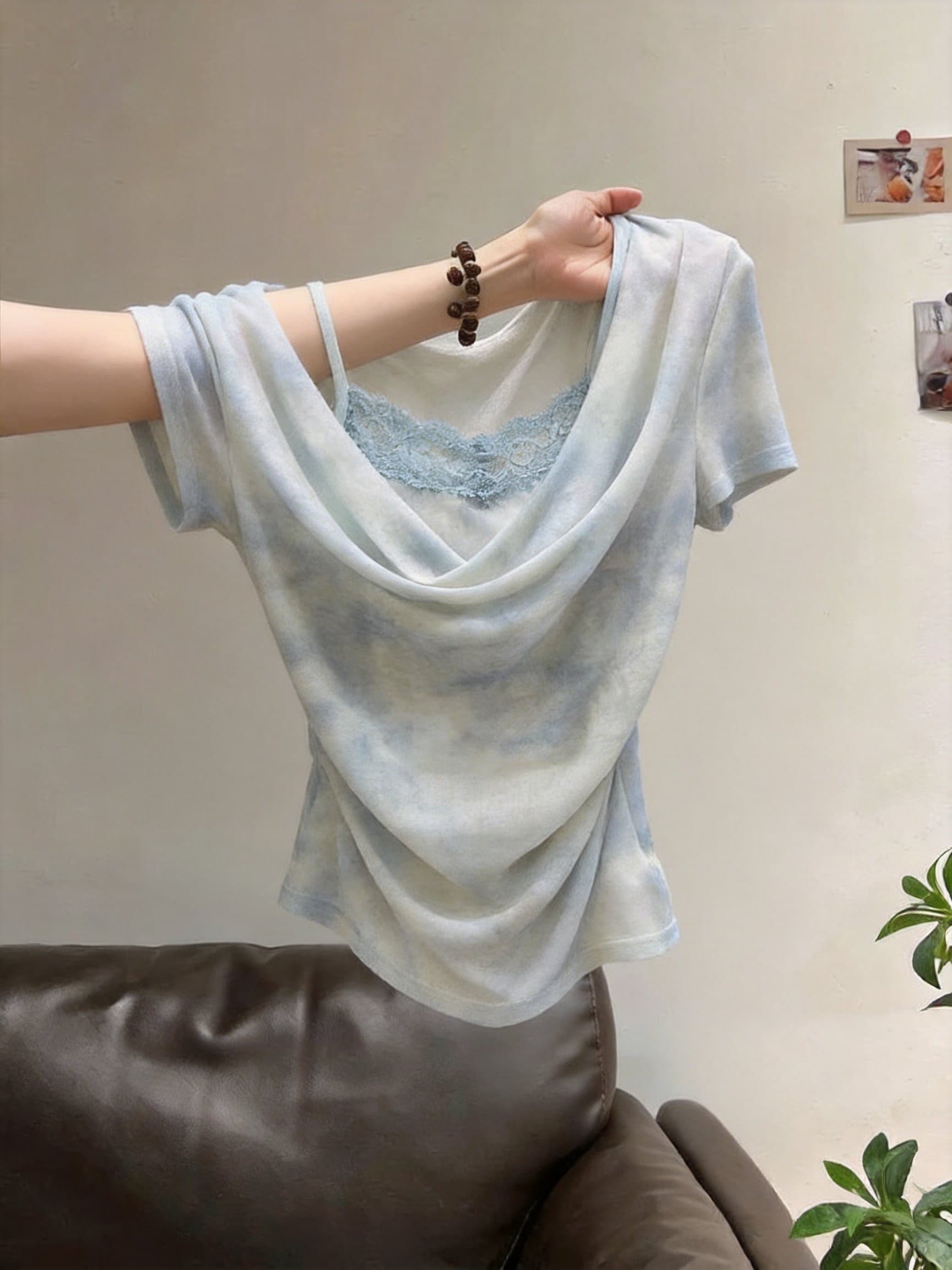 실사 수수께끼 보여주기 블루스 홀치기 염색 티셔츠 여성 여름 새로운 흔들다 칼라 레이스 레이스 허리 수축 슬림해 보이는 맨위 홀치기 염색 블루 상세 이미지 2