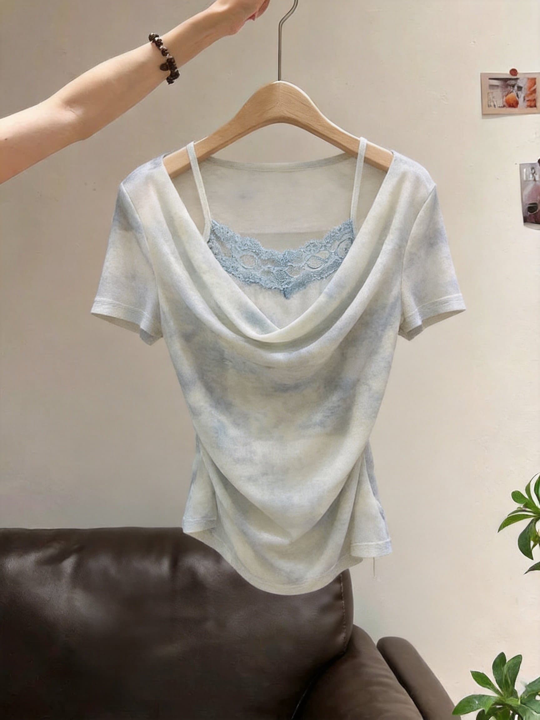 실사 수수께끼 보여주기 블루스 홀치기 염색 티셔츠 여성 여름 새로운 흔들다 칼라 레이스 레이스 허리 수축 슬림해 보이는 맨위 홀치기 염색 블루 상세 이미지 3