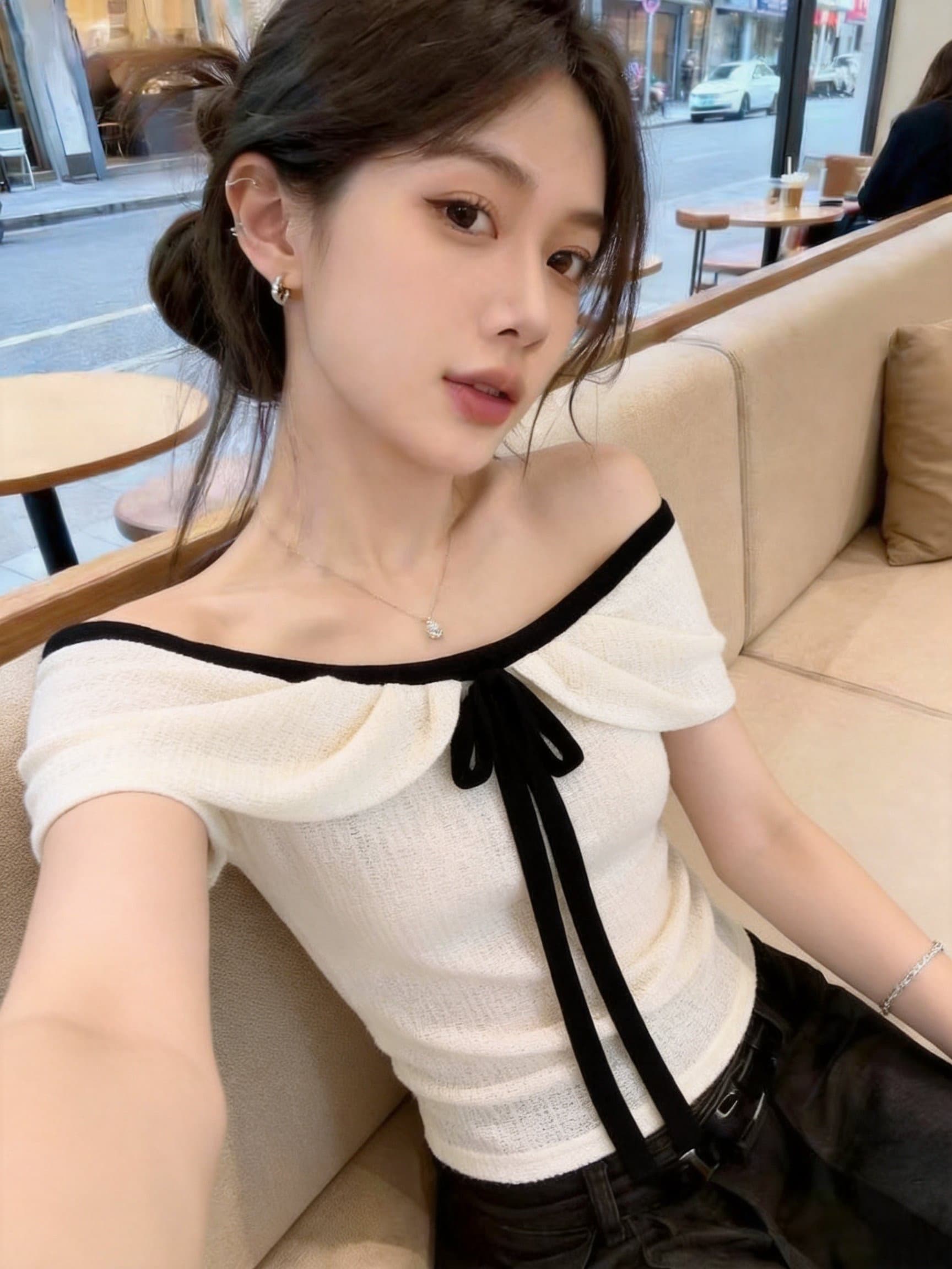 실사 부드러운 바람 오프숄더 티셔츠 여성 여름 새로운 순수한 욕망 나비 넥타이 디자인 센스 슬림해 보이는 맨위 트렌디 이미지 2