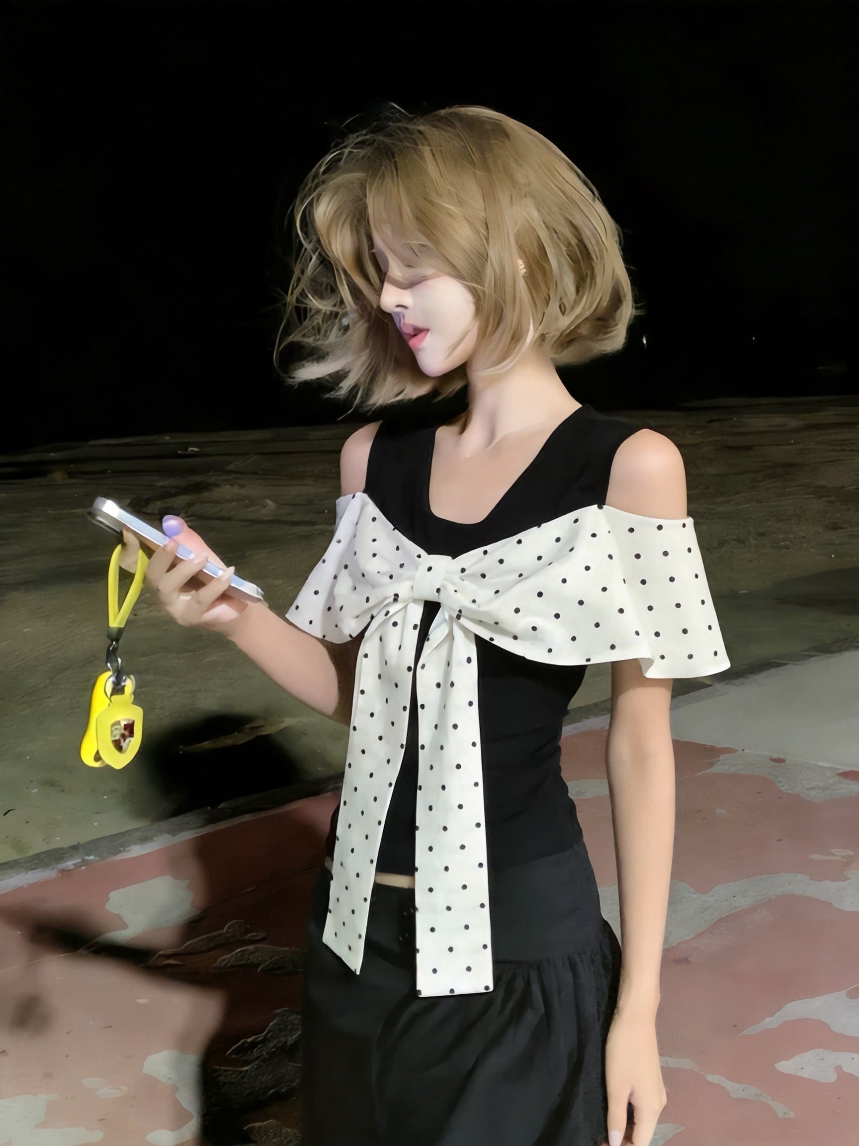 실사 검정색 도트 무늬 페이크 레이어드 반팔 티셔츠 여성 여름 한 부서 몸매 가꾸기 나비 매듭 디자인 오프숄더 맨위 상세 이미지 6