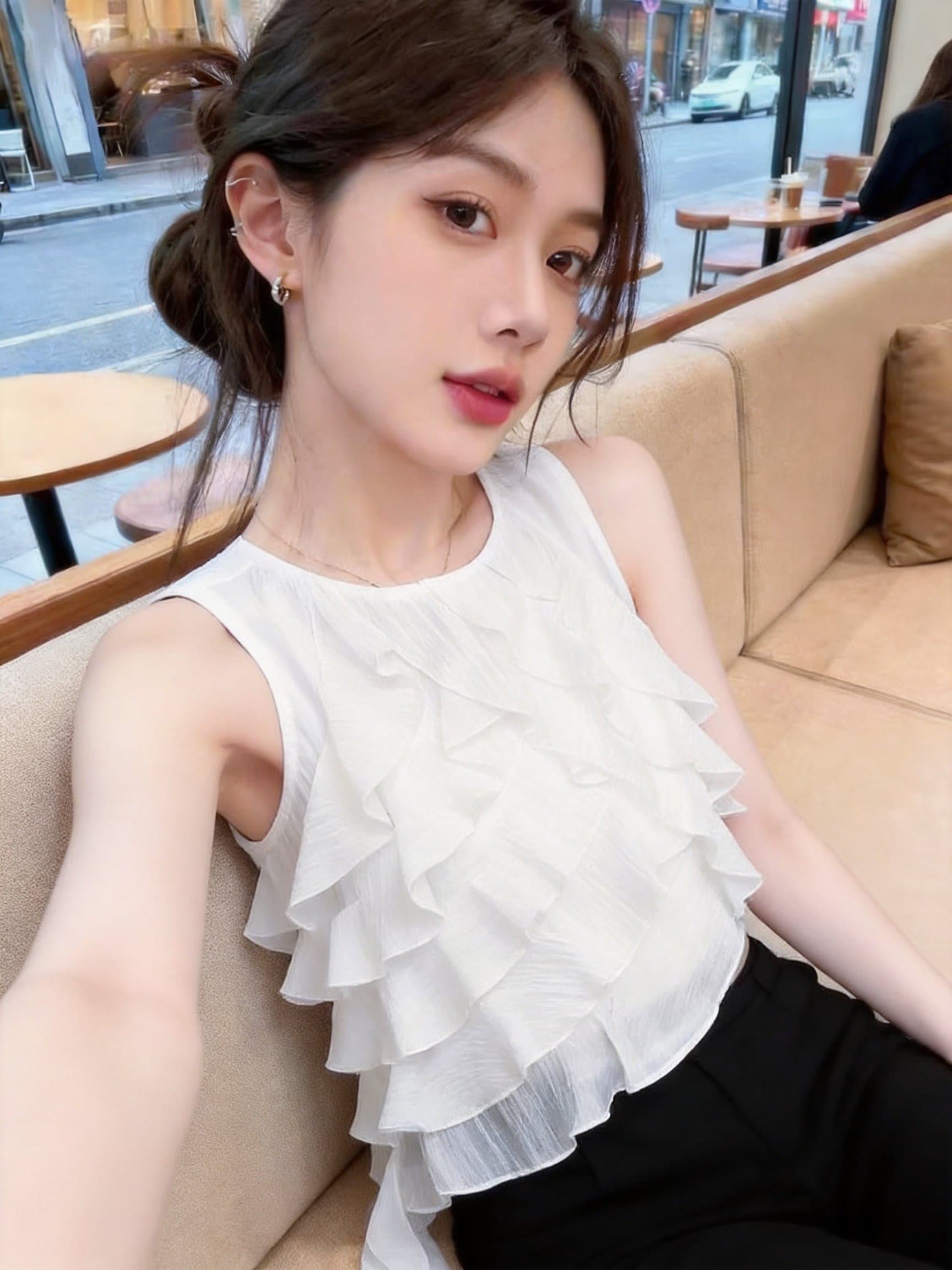실사 여름 프랑스식 불규칙 민소매 캐미솔 디자인 센스 고유 한 Chic 프릴 슬림해 보이는 맨위