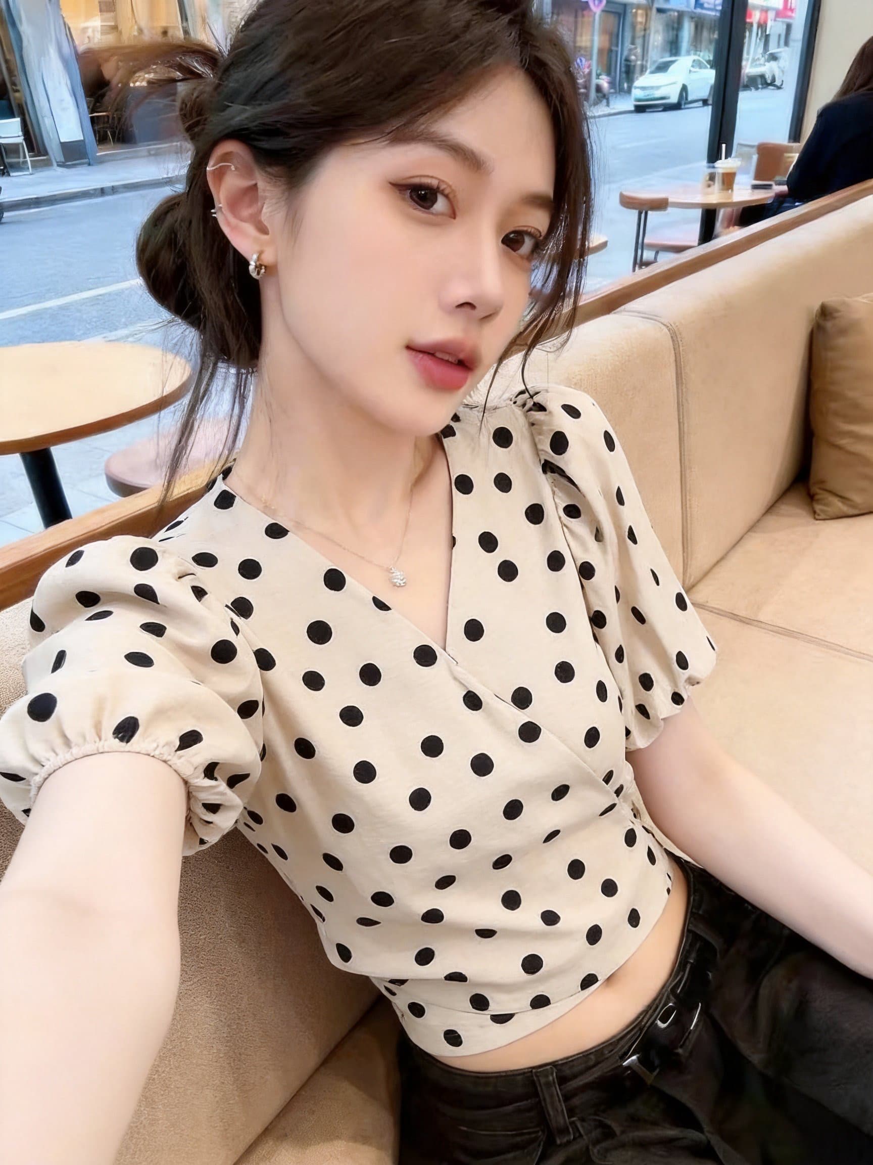 실사 꽃무늬 거품 소매 레이스업 시폰 셔츠 여성 여름 새로운 디자인 센스 V넥 연령 감소 아름다운 작은 셔츠 상세 이미지 2