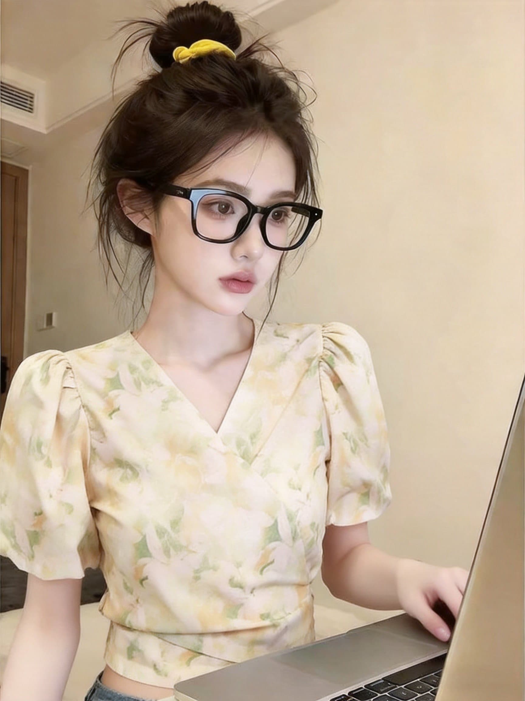 실사 꽃무늬 거품 소매 레이스업 시폰 셔츠 여성 여름 새로운 디자인 센스 V넥 연령 감소 아름다운 작은 셔츠 상세 이미지 6