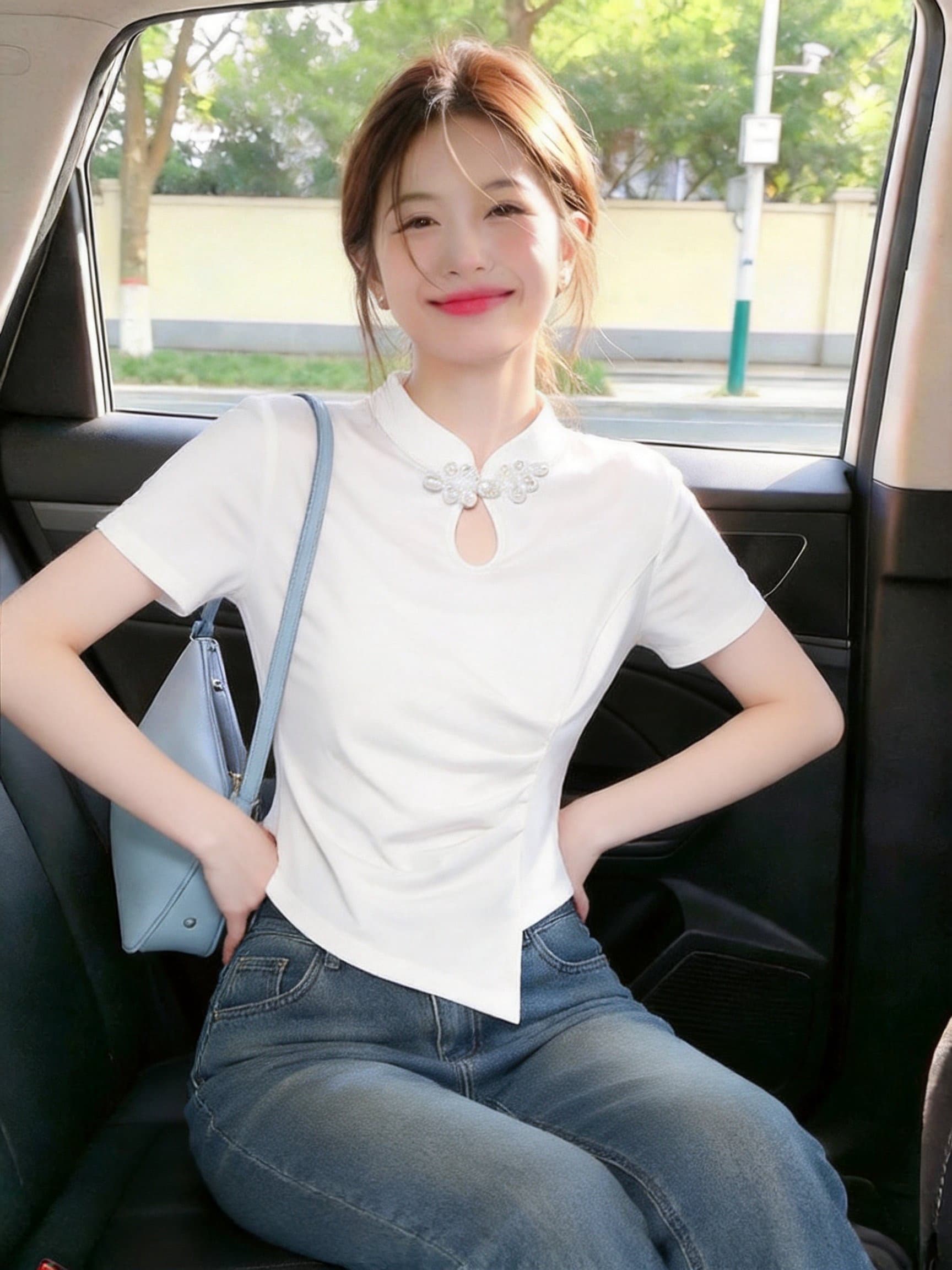 새로운 몸매 가꾸기 로얄 자매 팬 향상된 버전 반팔 티셔츠 여성 패션 품격 새로운 중식 빛 국풍 단추 맨위 상세 이미지 5