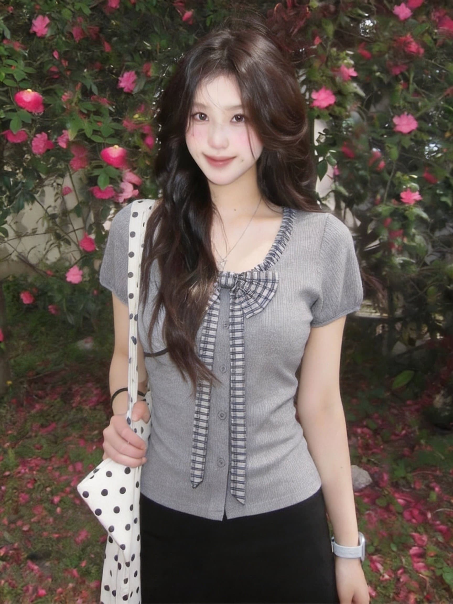 실사 나비 매듭 체크무늬 반팔 티셔츠 여성 여름 슈퍼 화재 연령 감소 순수한 욕망 u 칼라 거품 소매 맨위 고유 한 아름다운 이미지 2