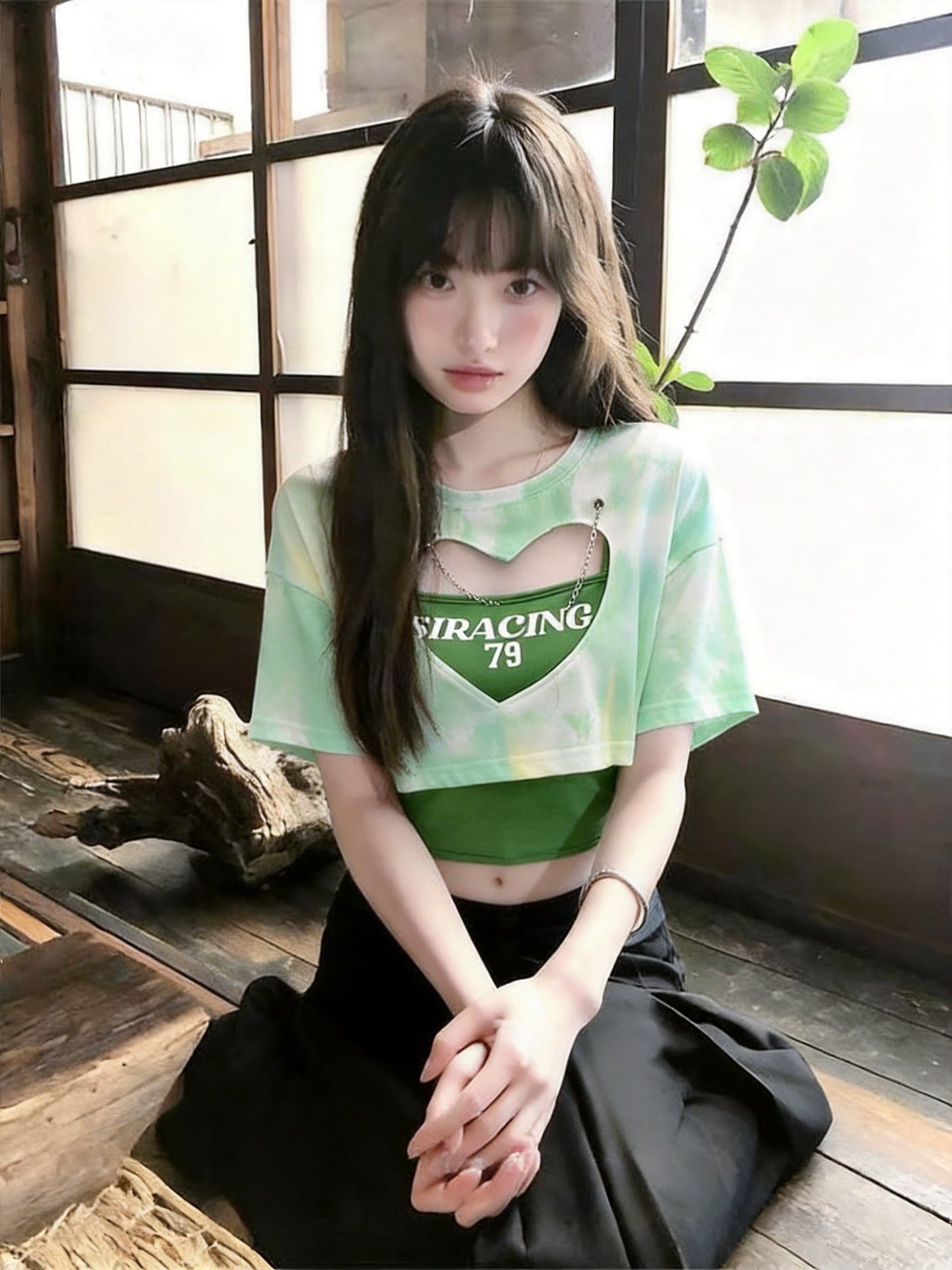 실사 여름 새로운 한국 스타일 홀로우 아웃 하트 투피스 세트 홀치기 염색 작은 키 쇼트 스타일 라운드 넥 풀오버 티셔츠 상세 이미지 14
