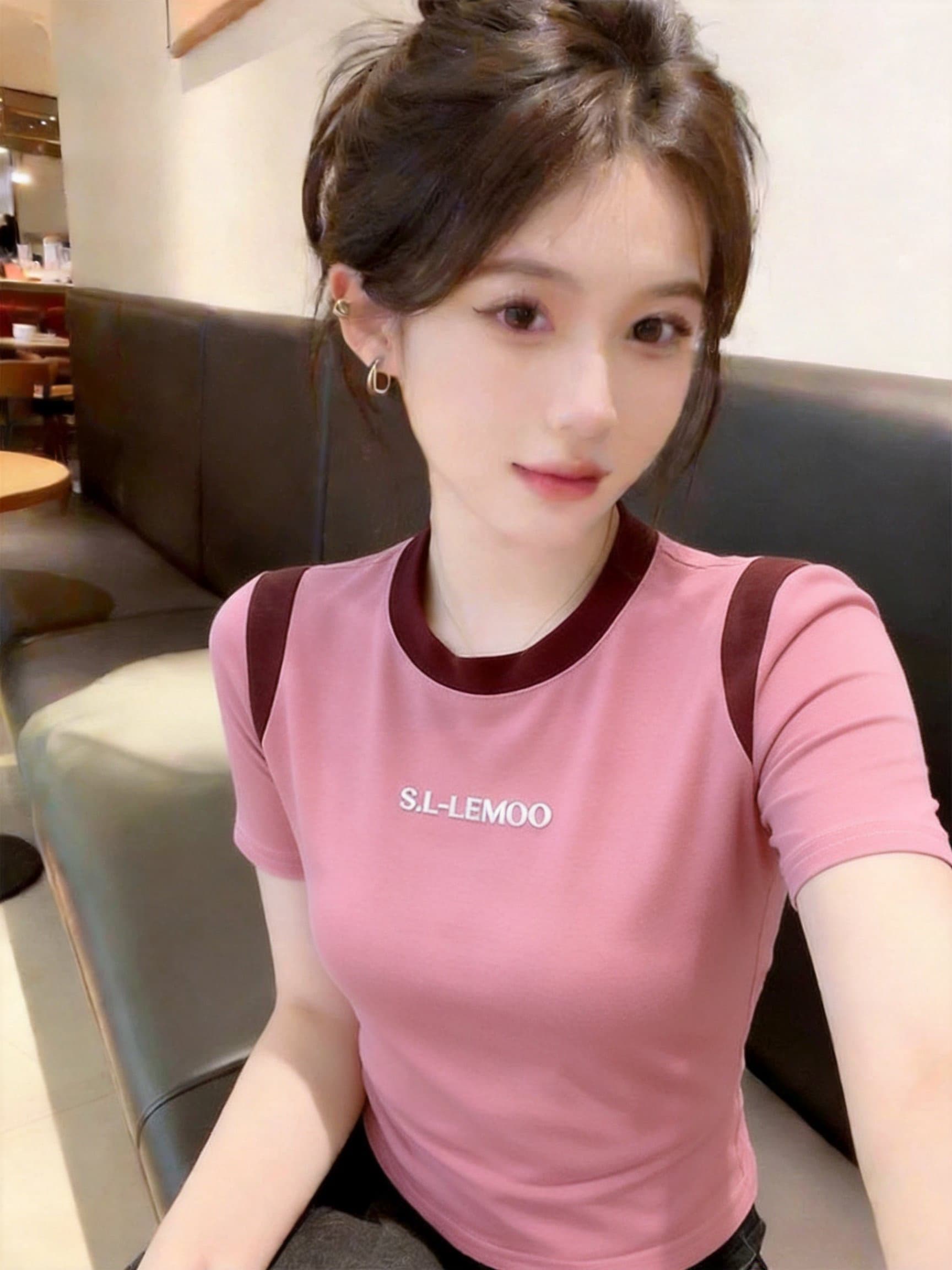 실사 여름 새로운 한국 스타일 라운드 넥 패치워크 색상 알파벳 다림질 플라워 티셔츠 슬림해 보이는 다용도 맨위 이미지 4