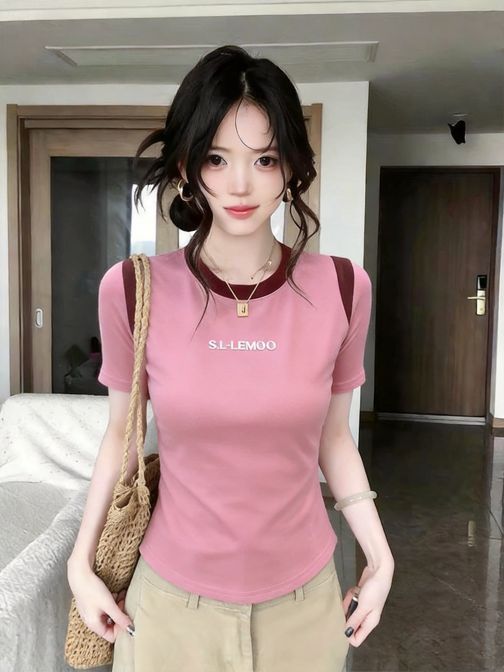 실사 여름 새로운 한국 스타일 라운드 넥 패치워크 색상 알파벳 다림질 플라워 티셔츠 슬림해 보이는 다용도 맨위 상세 이미지 8