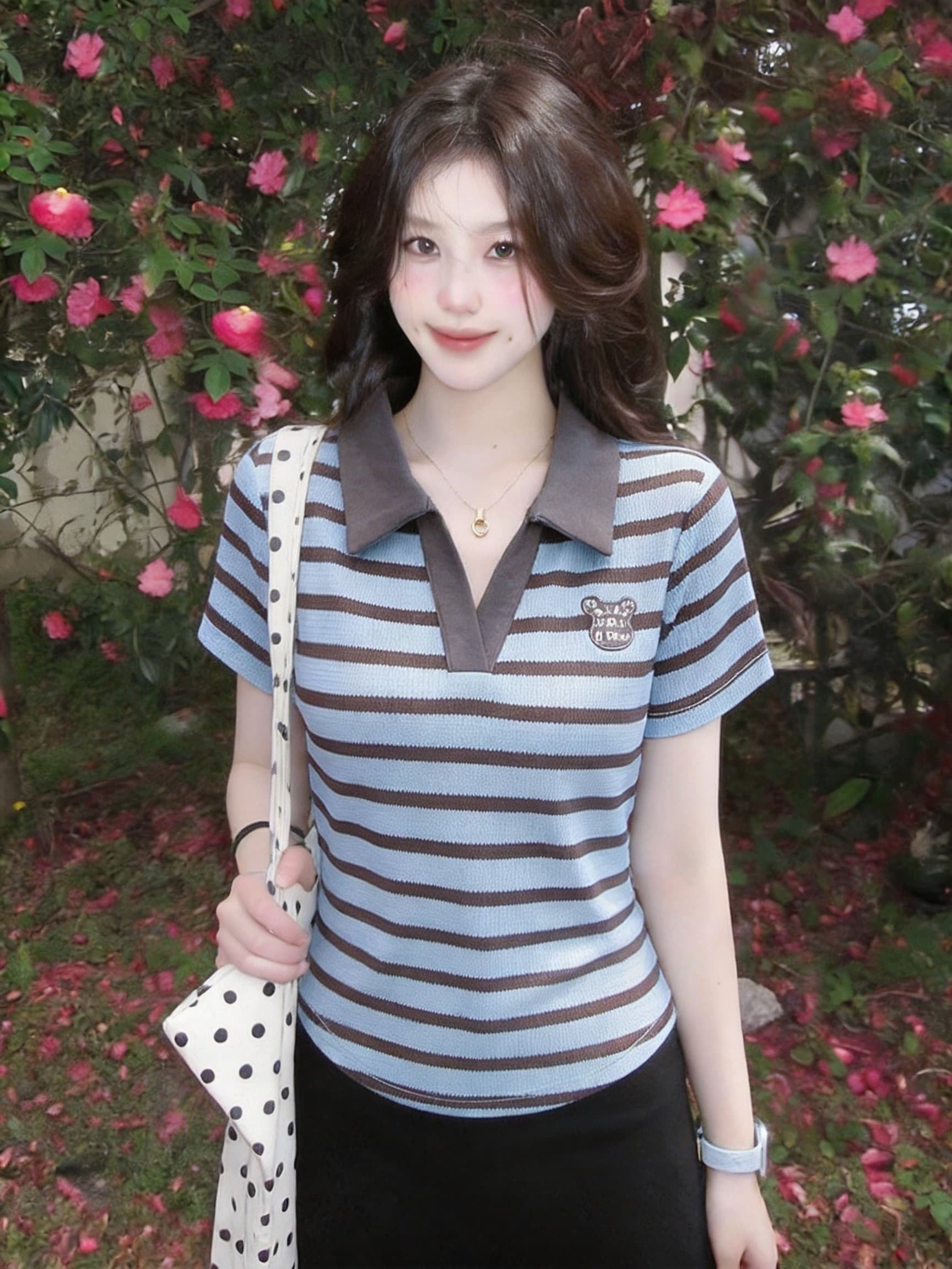 실사 여름 새로운 한국 스타일 POLO 칼라 스트라이프 만화 자수 작은 키 풀오버 다용도 반팔 티셔츠 상세 이미지 8