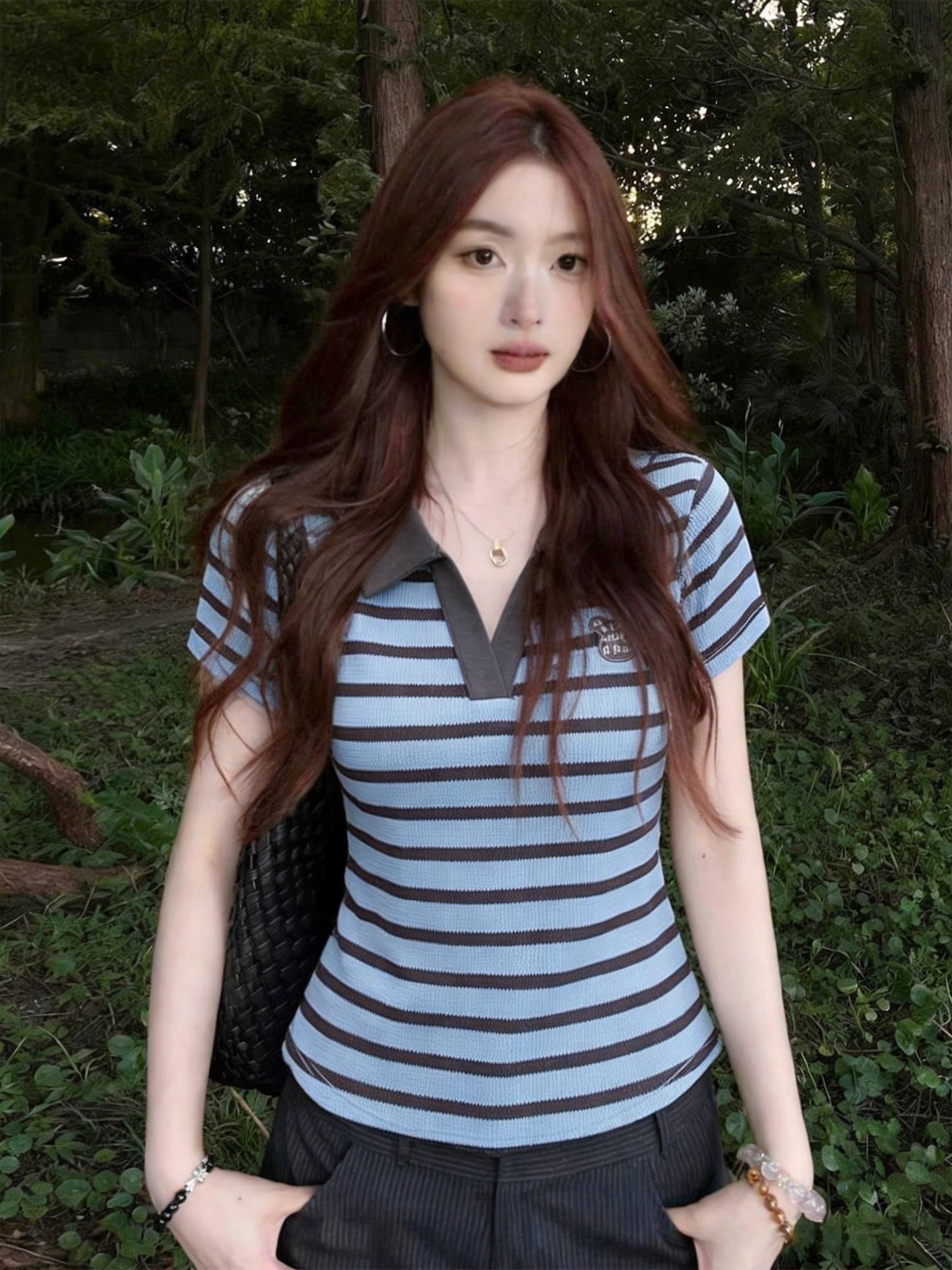 실사 여름 새로운 한국 스타일 POLO 칼라 스트라이프 만화 자수 작은 키 풀오버 다용도 반팔 티셔츠 상세 이미지 13