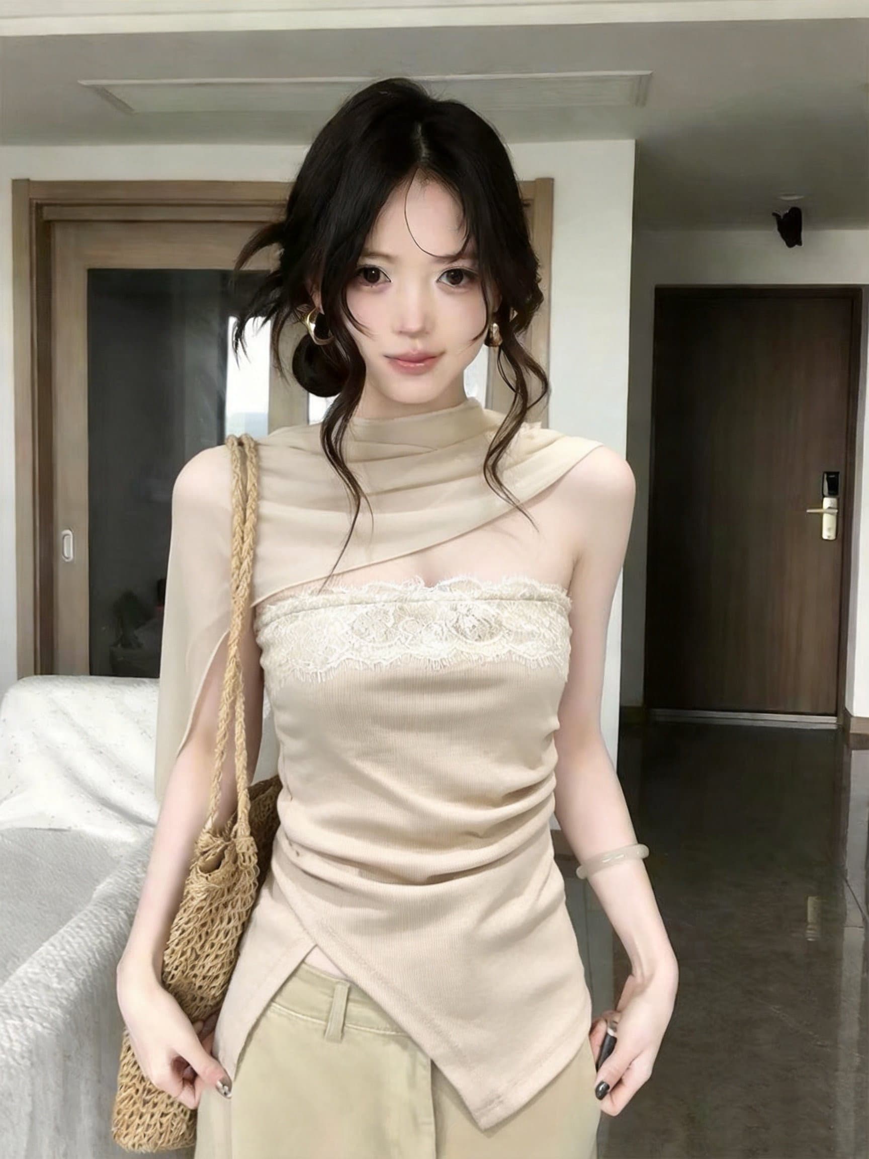 실사 남쪽 기름 고급 여성 의류 리본 행침 목 생선뼈 튜브탑 작은 조끼 여성 불규칙 트임 쇼트 스타일 맨위 여름 상세 이미지 4