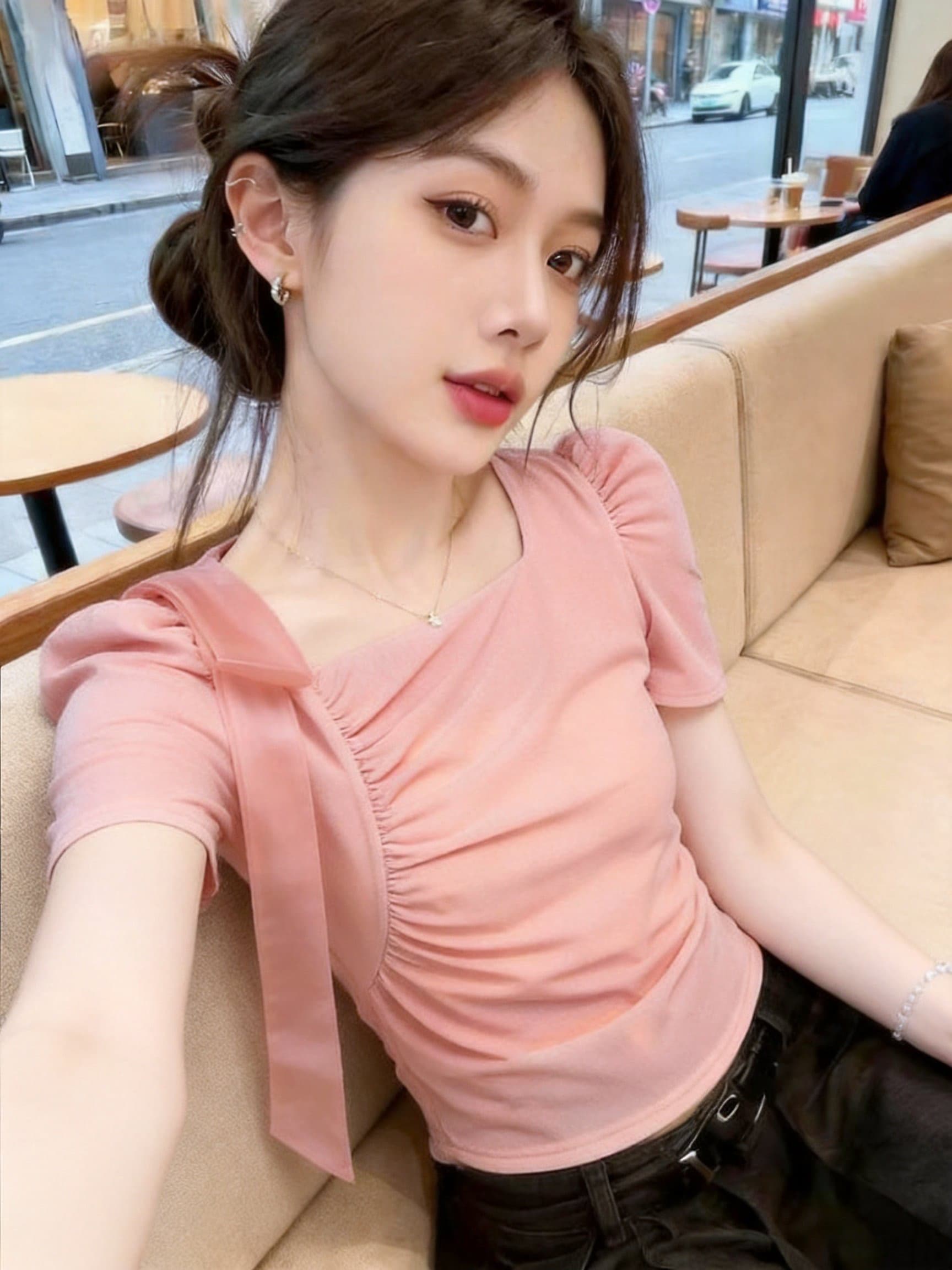 실사 여름 새로운 한국 스타일 광장 칼라 거품 소매 광택 실 달콤함 몸매 가꾸기 레이스업 풀오버 반팔 품격 여성 상세 이미지 3