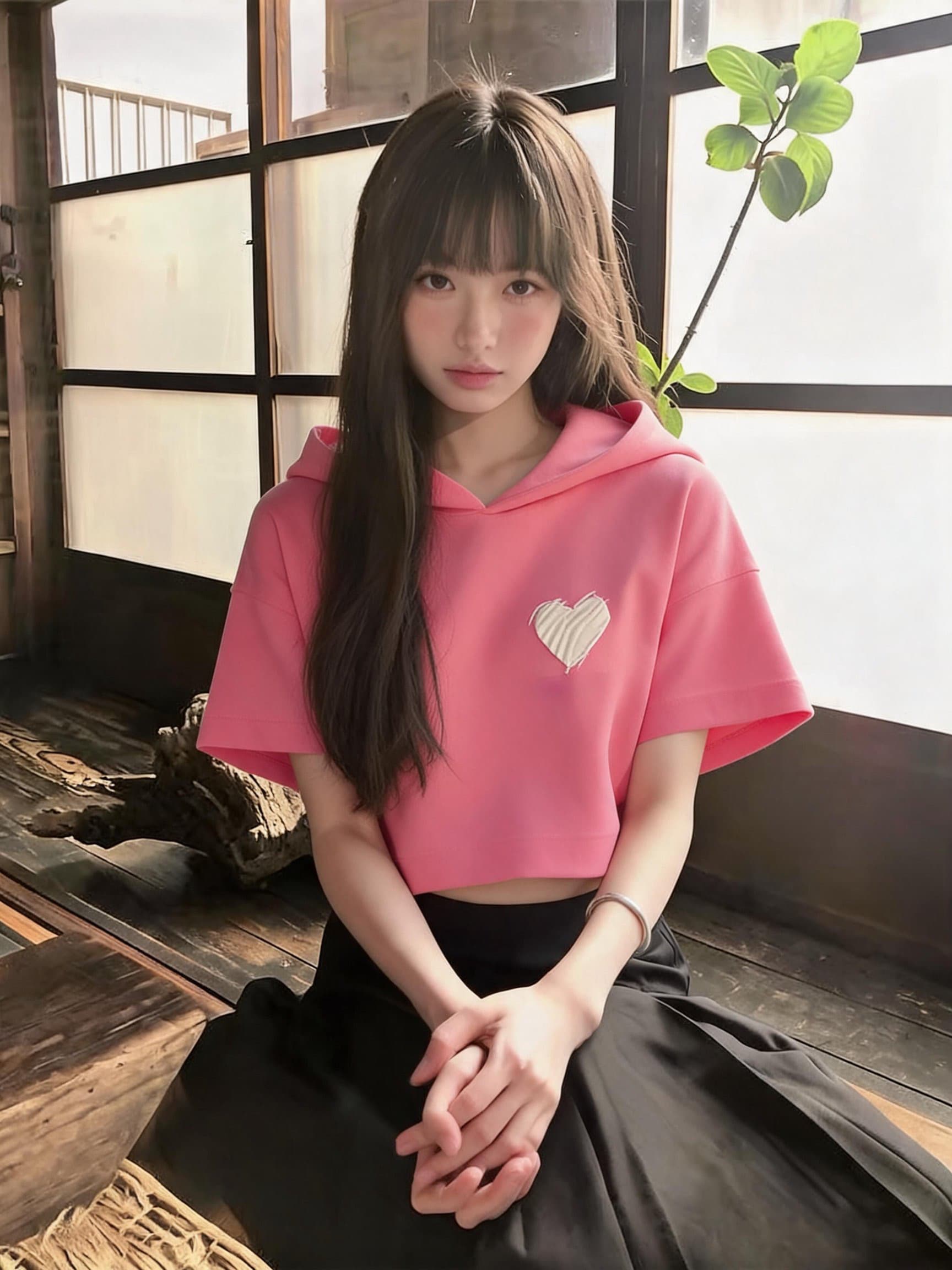 실사 chic 외국 가스 고유 한 Chic 핑크색 하트 후드 맨위 도파민 다용도 슬림해 보이는 반팔 티셔츠 여름 상세 이미지 5
