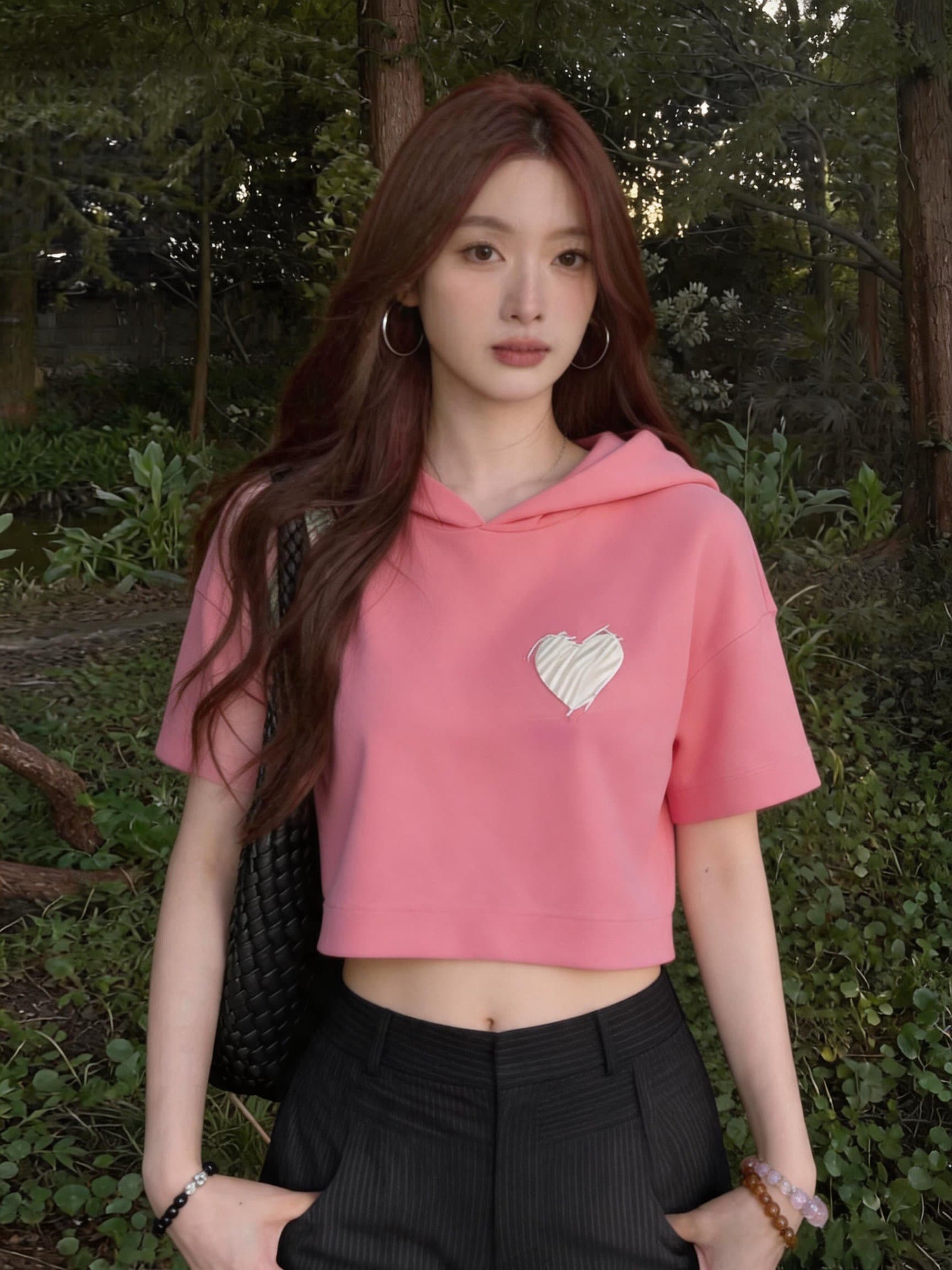 실사 chic 외국 가스 고유 한 Chic 핑크색 하트 후드 맨위 도파민 다용도 슬림해 보이는 반팔 티셔츠 여름 상세 이미지 10